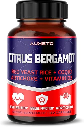 Suplemento de bergamota cítrica con arroz de levadura roja, CoQ10, alcachofa, vitamina D3 - Apoya el bienestar general de la circulación y el