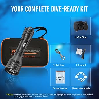 ORCATORCH D550 Hands-Free Dive Light with Wrist Strap & Bolt Snap | 1000 Lumens, 3 Modes High Med Strobe, Tail Switch, IP68 Waterproof, Hands-Free Backup Dive Light, for Night Diving