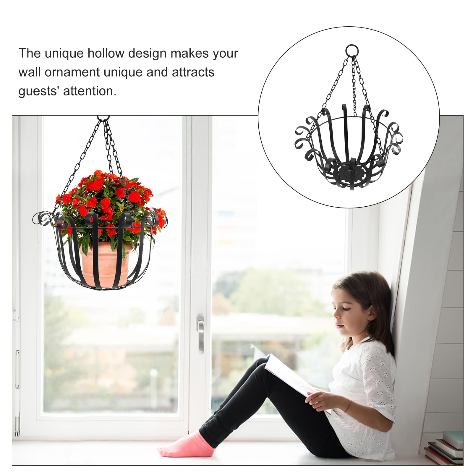 DOITOOL Blumenampel Hängeampel Metall Eisen Kunst Hängen Körbe für Anlage Metall Hängenden Pflanzer Hängen Blumentopf für Balkon Veranda Terrasse Schwarz Pflanzenampel