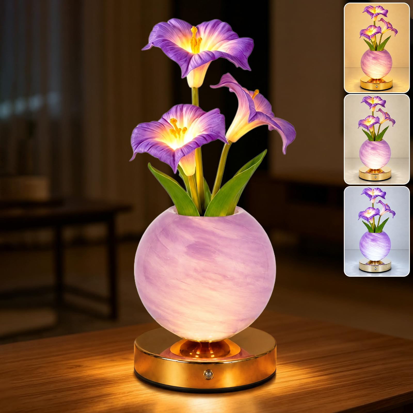 Tulip Table Lamp, Rechargeable Cordless Touch Dimming Artificial Tulip Flower Desk Lamp, LED Flower Bedside Night Light Romantic Gifts for Girl Women Mom (Purple Morning Glory)