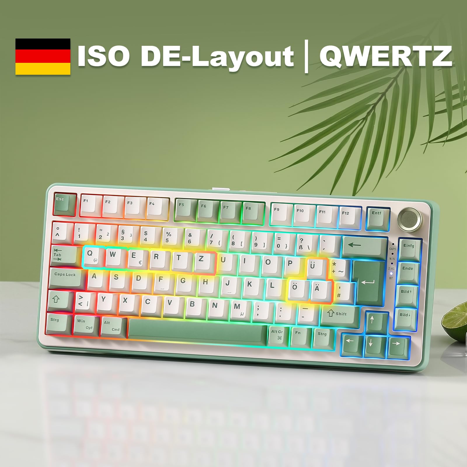 YUNZII B75 PRO ISO-DE Mechanische Gaming Tastatur, 75% QWERTZ Layout (DE) mit Drehknopf, BT5.0/2.4GHz/USB-C, Vorgeschmierte Schalter, RGB für Win/Mac/PC (Matcha Green, Cocoa Cream V2 Switch)