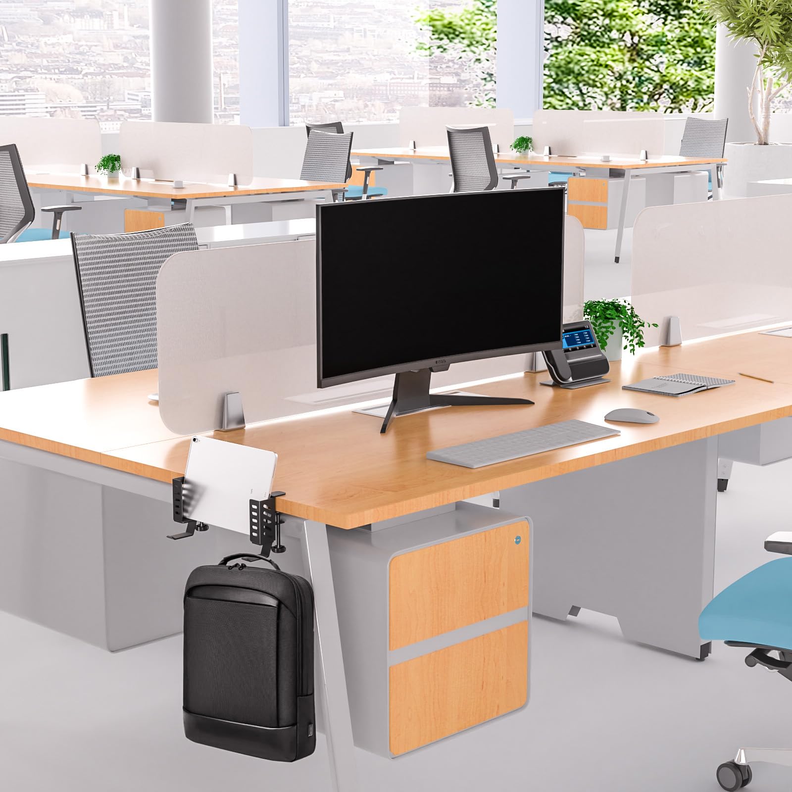 Organizer laterale da scrivania, larghezza regolabile, senza trapano sotto la scrivania, supporto per laptop, con morsetto per cuffie, organizer da scrivania per laptop, tastiere, cuffie