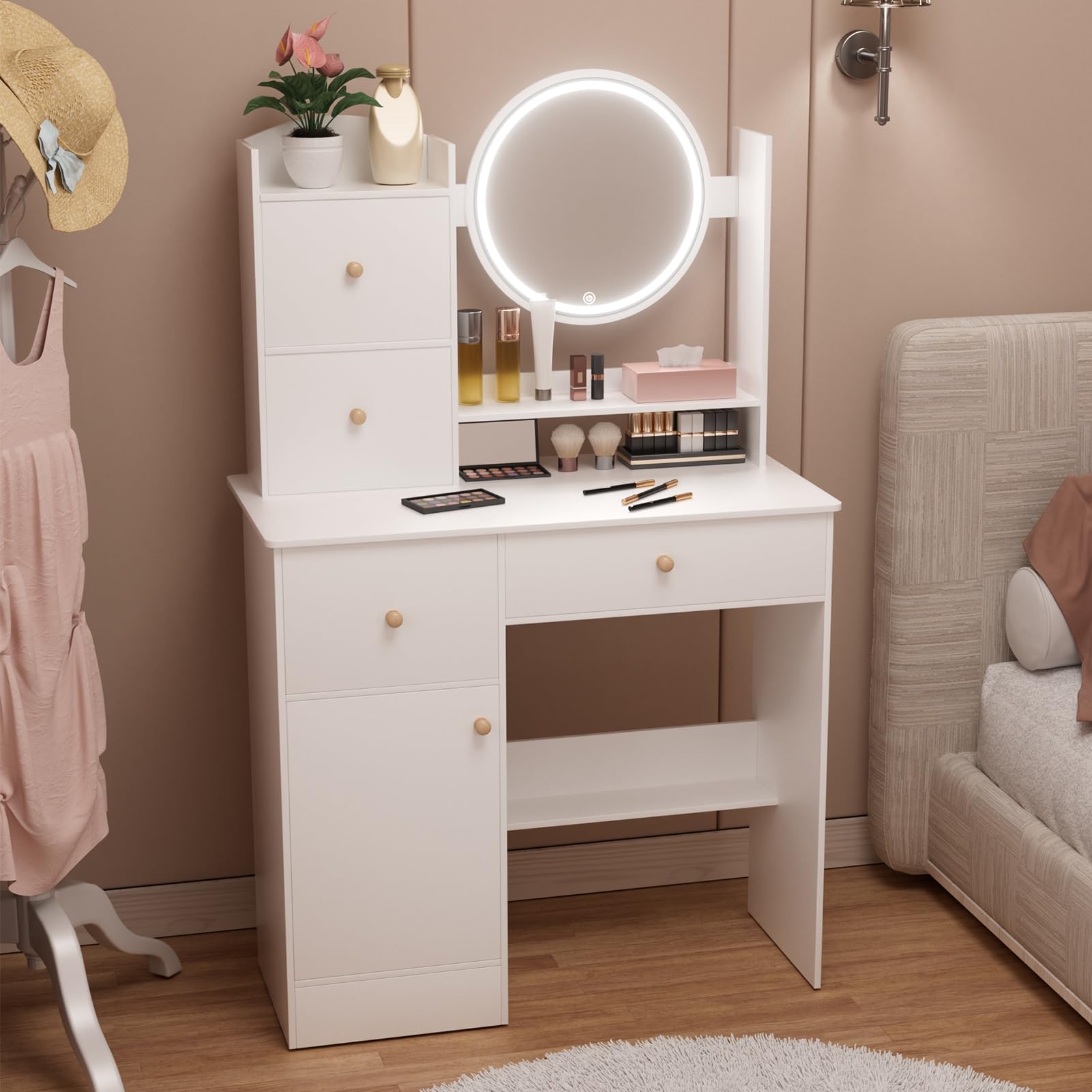 Escritorio de maquillaje con espejo iluminado LED, mesa de tocador con 2 cajones y estantes de apertura, tocador para dormitorio, escritorio de maquillaje para niñas para espacios pequeños,