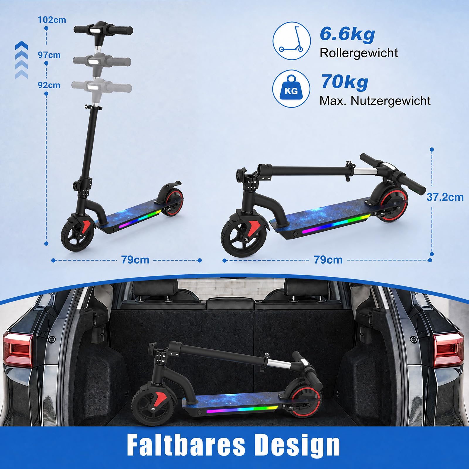 Elektroroller für Kinder von 6-16 Jahren 100cm-160cm 5.2A Batterie 3 Geschwindigkeitsstufen (6/10/16 km/h) 16km Reichweite Höhenverstellbar Reichweite faltbar LED-Display E-Scooter für Kinder