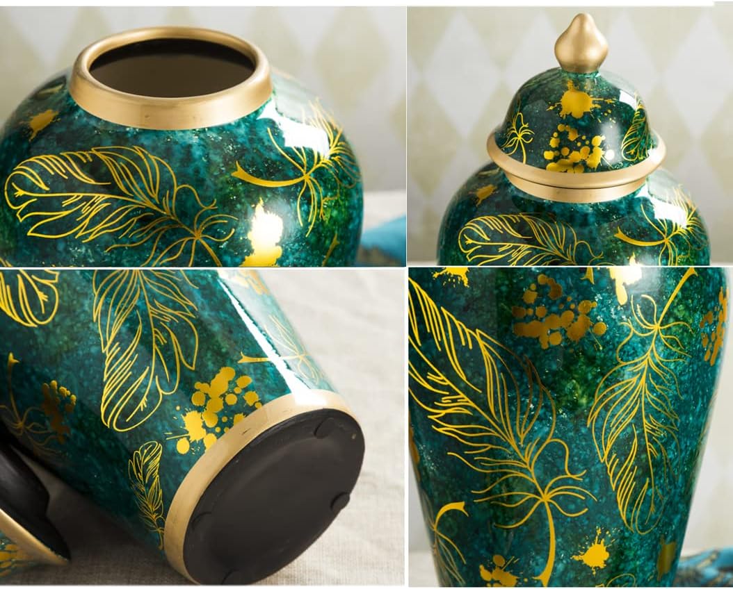 Green Ginger Jar With Gold Trim,Gold Feather Porcelain Ginger Jar Vase Temple Jar With Lid Decor, Ceramic Decorative Jars for Office, Table, Living Room, Bookshelf A (B) (A)