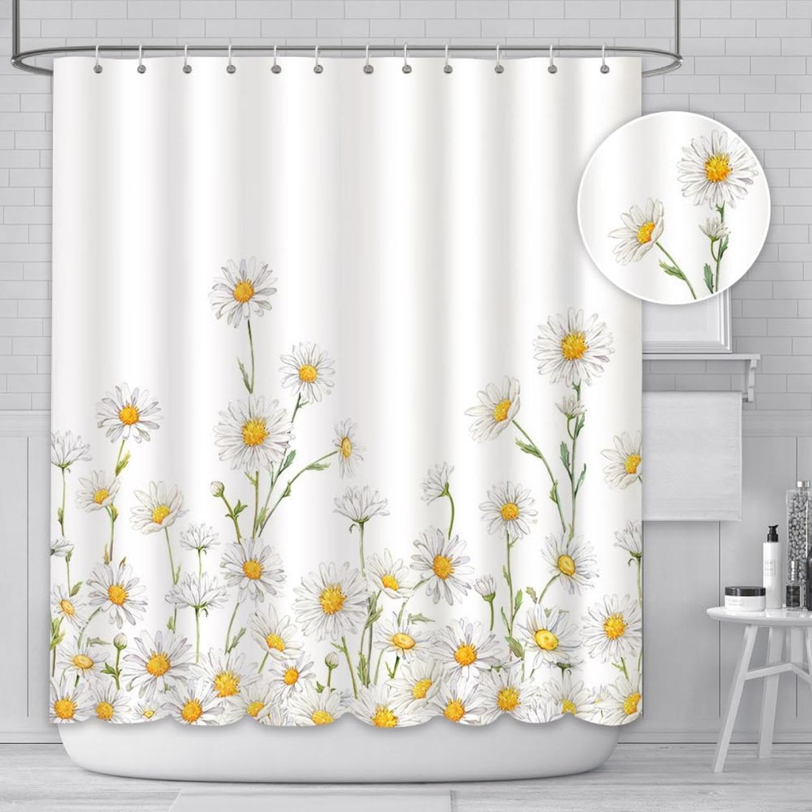 Tenda da doccia floreale con margherite bianche, decorazione per il bagno in stile country, con 12 ganci, 140 x 230 cm, elegante accessorio da bagno impermeabile, design floreale per la casa