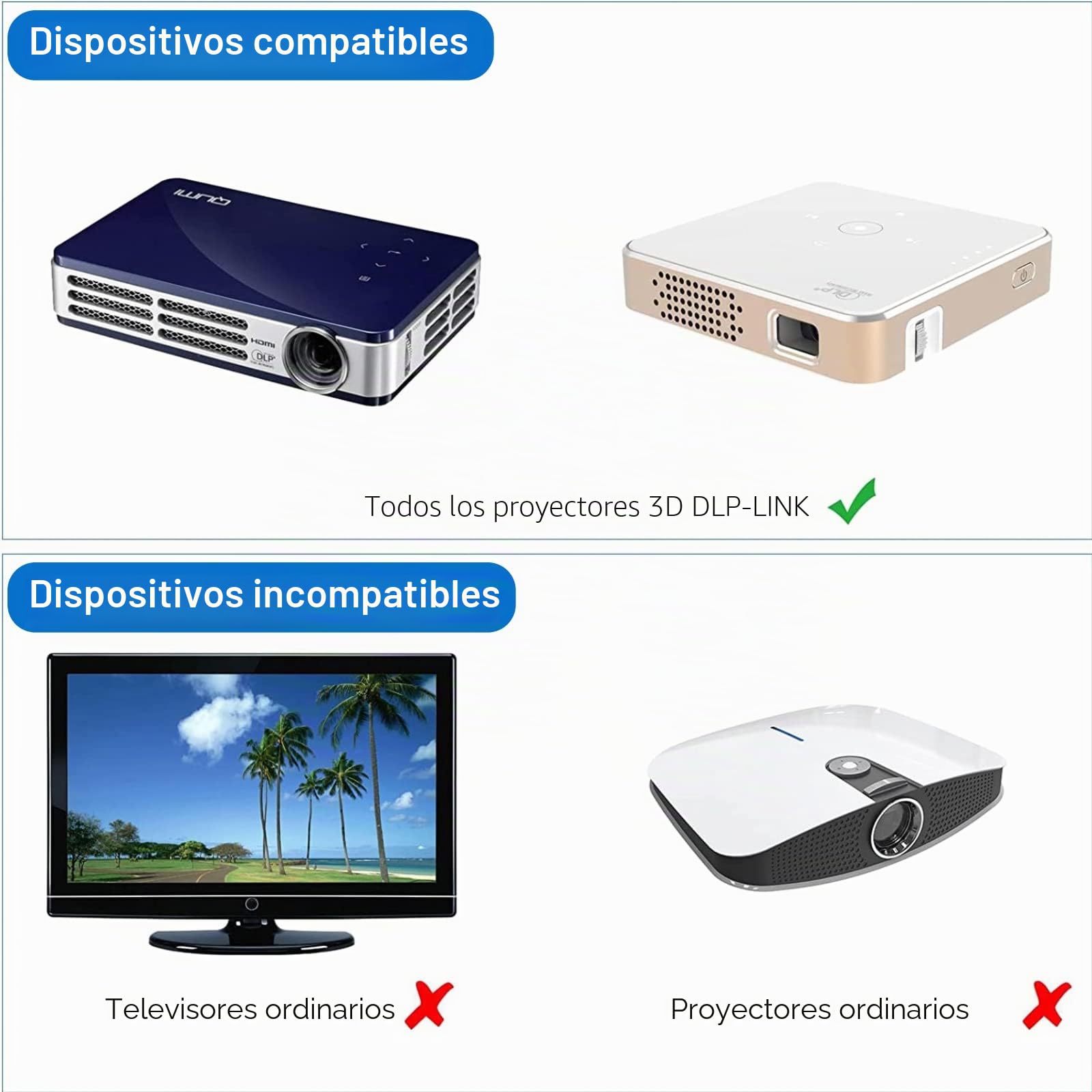 Gafas 3D DLP Link, Gafas de Obturador Activo Recargables de 144 Hz para Todos los Proyectores 3D DLP Link, para XGIMI ZX4 H1, para JMGo G1 G3 X1, para BenQ, para Acer, para Optoma, para Hitachi, Etc.