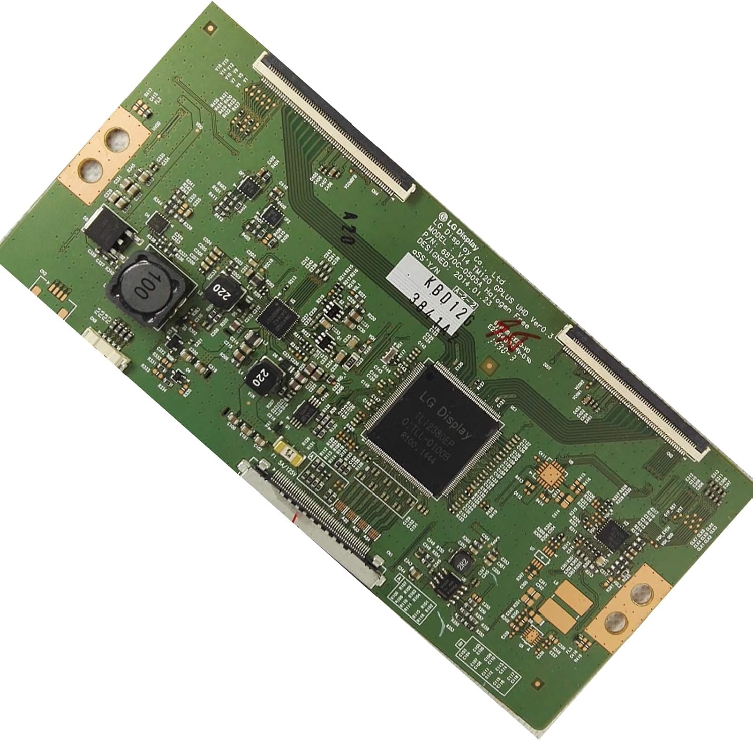Angled view of the T-Con board, showing its connectors and overall layout, useful for installation reference.