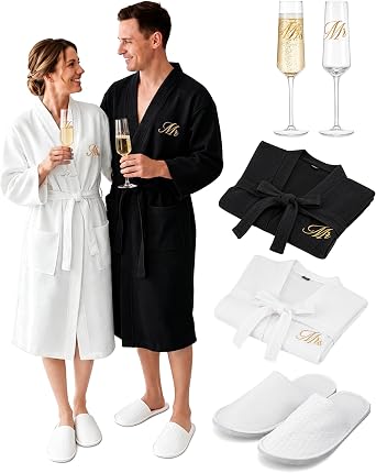 Jecery 6 Pcs Mr and Mrs Waffle Robe Set for Couples Champagne Flutes Spa Slippers His and Hers Wedding Engagement Bridal Gift