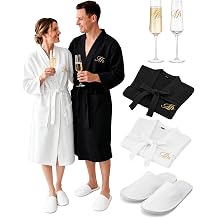 Jecery 6 Pcs Mr and Mrs Waffle Robe Set for Couples Champagne Flutes Spa Slippers His and Hers Wedding Engagement Bridal Shower Gift