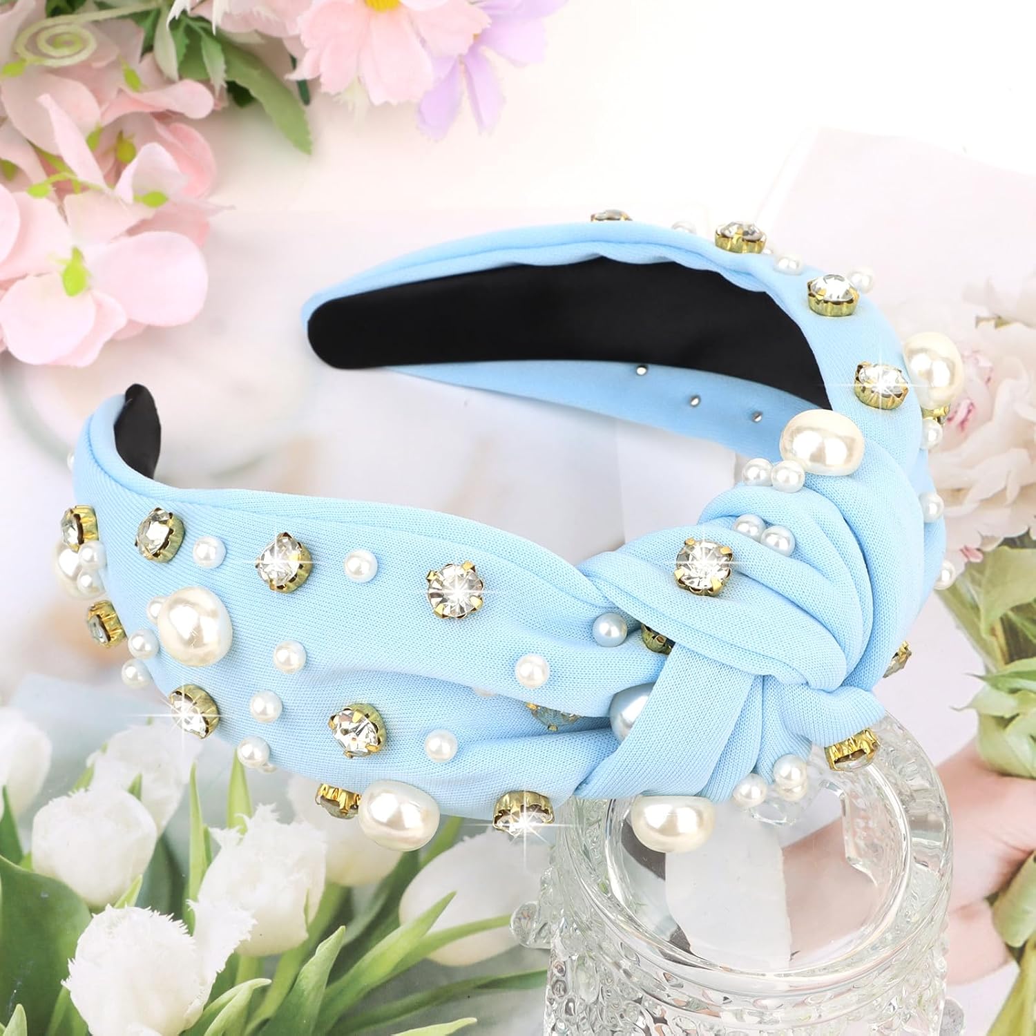 Blue Headband for Women Pearl Knotted Headband Sparkly Rhinestone Pearls Top Knotted Headbands Fashion Accessories Cute Hair Bands for Women Girls - Image 7
