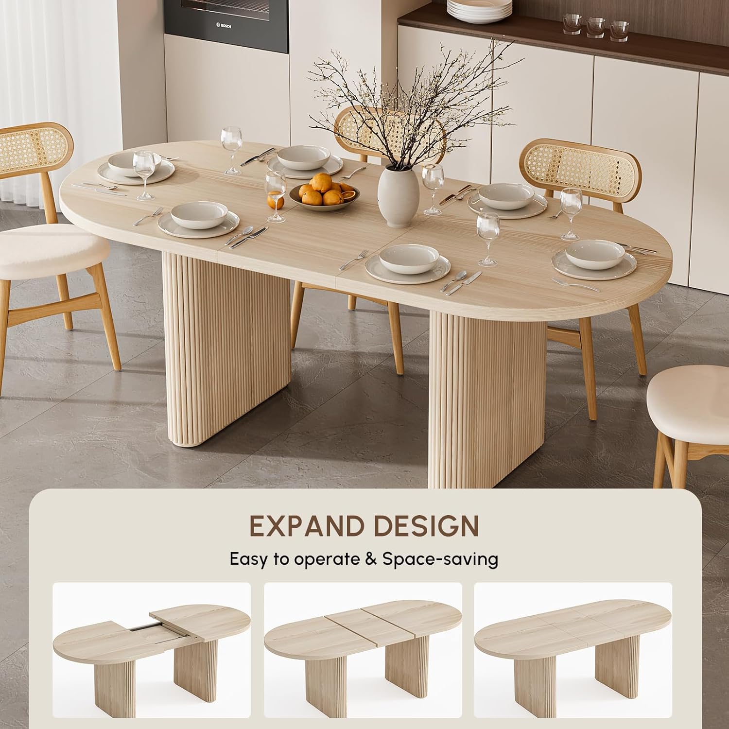 homary Oval Dining Table for 4-6, 63"-79" Extendable Kitchen Table, Japandi Wooden Dining Room Table with Pedestal Base