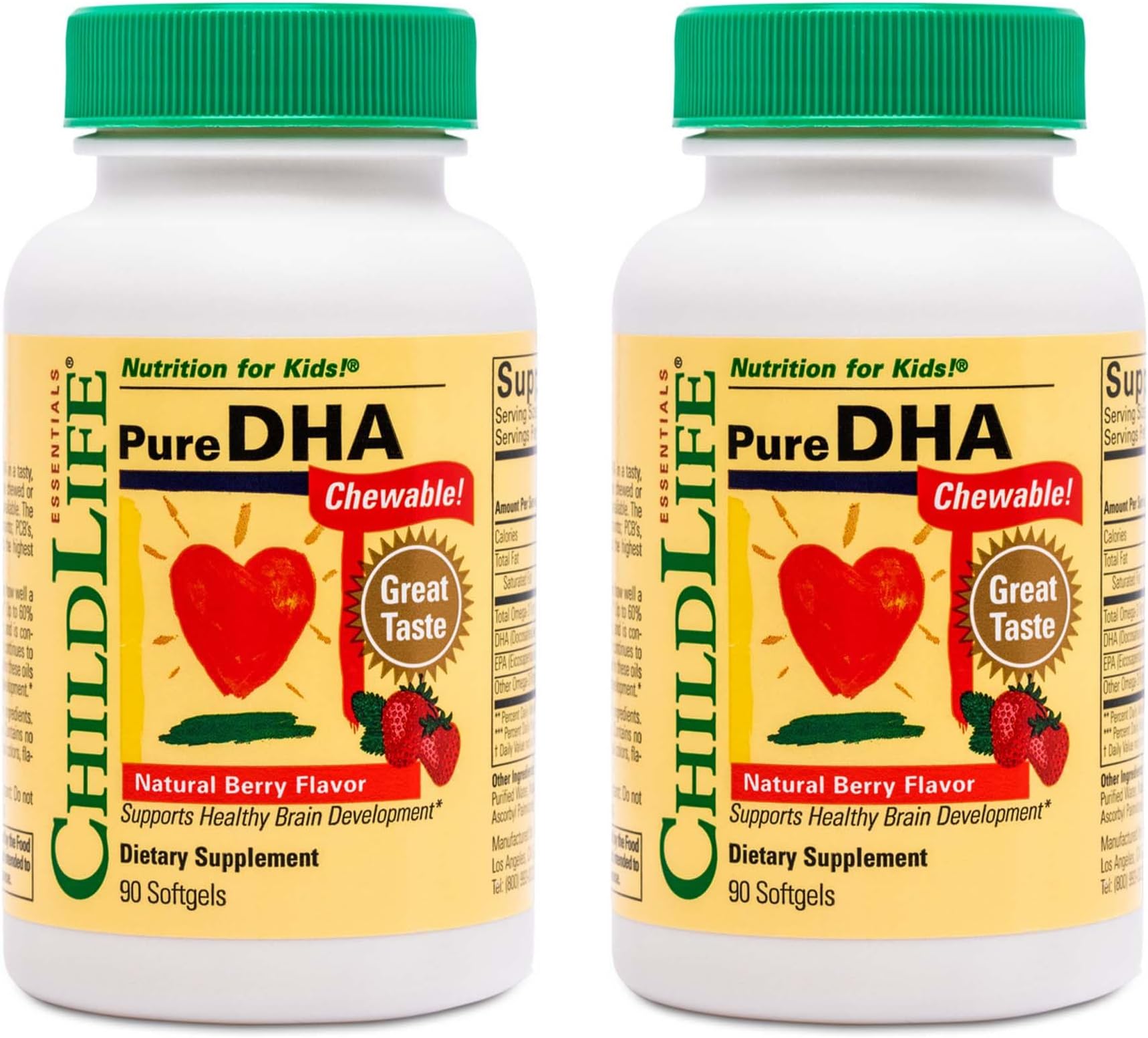 CHILDLIFE ESSENTIALS Pure DHA for Kids - Omega 3 Fish Oil Supplement for Children, Babies, & Toddlers, Pure DHA Softgel Chewables, Gluten Free, Natural Berry Flavor - 90 Softgels (Pack of 2)