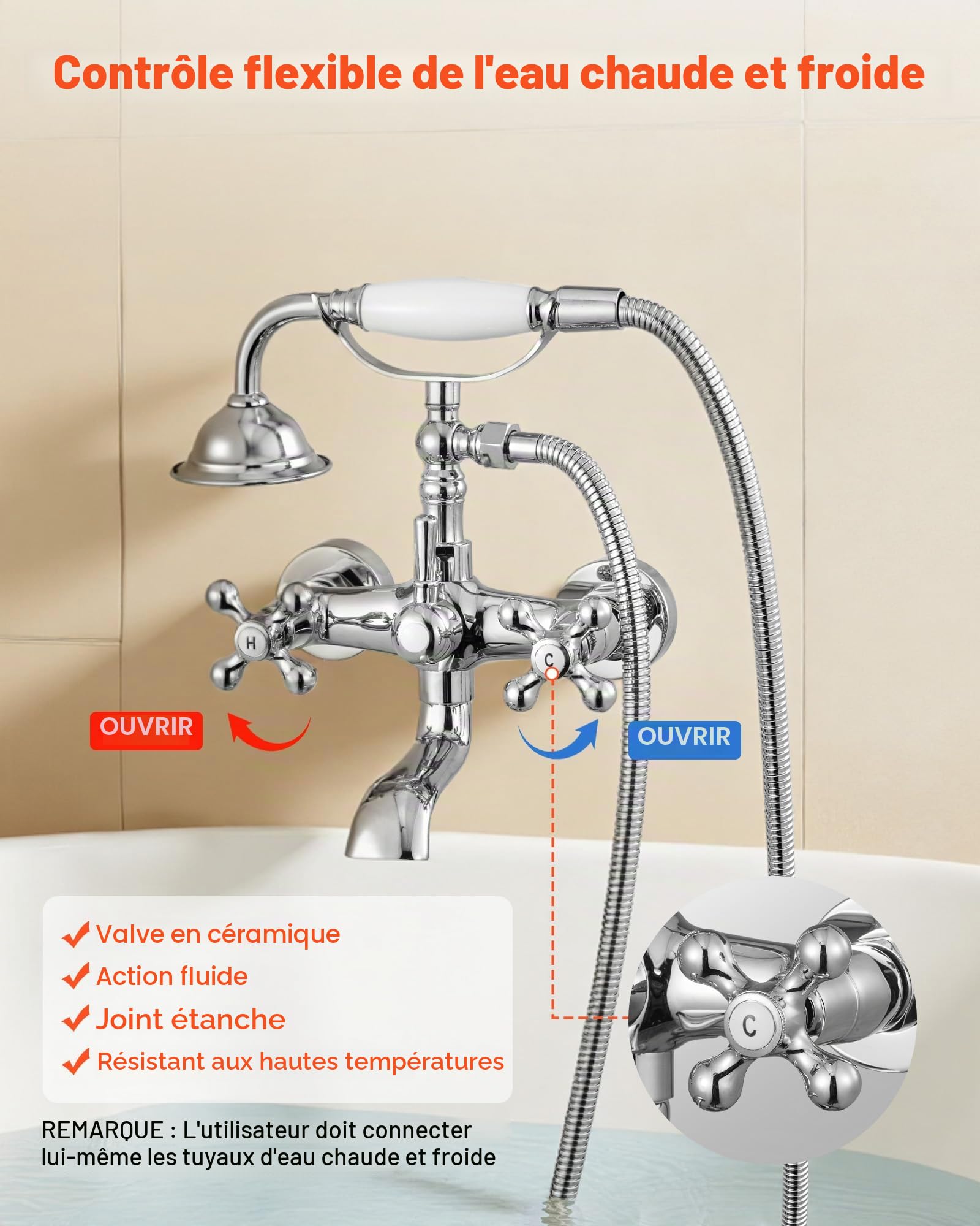 VEVOR Robinet de baignoire sur pattes avec douchette à main, ensemble de robinet de remplissage de baignoire en chrome poli vintage, montage mural, avec bras pivotants réglables et bec pivotant à 360°