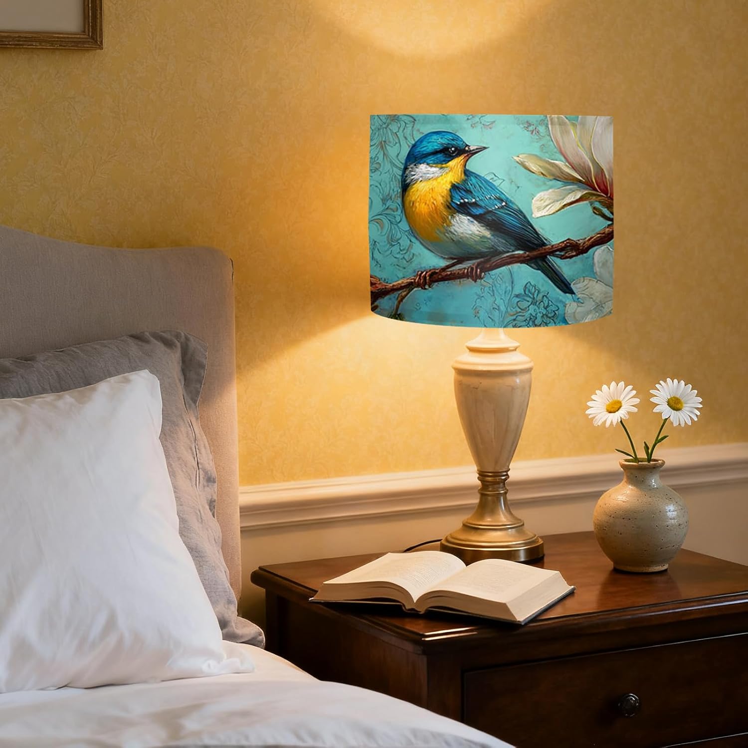 Nuxovilar Lamp Shades Set of 2, Polyester 13x9.8 Inches - Lamp Shades for Floor Lamps, Magnolia & Bird Design for Living Room, Office, Art Studio