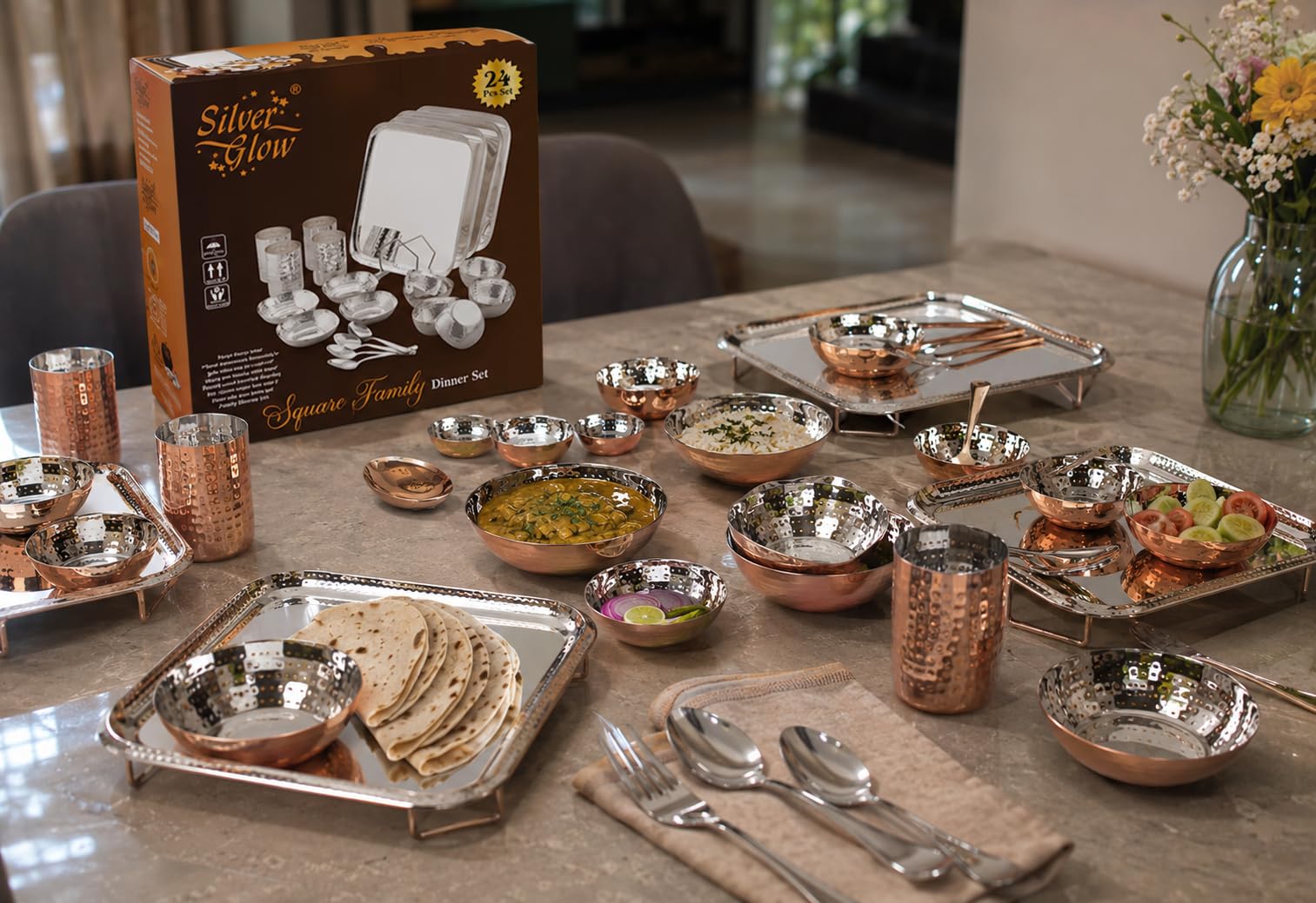 Silverglow Premium Stainless Steel Copper Dinner Set for 4 People | Square Family Dinner Set | 24-Piece Gift Pack | Dinner Plates, Bowls, Spoons, Tumblers | Festive Gift | Wedding, Diwali, Rakhi — Amazon image 2