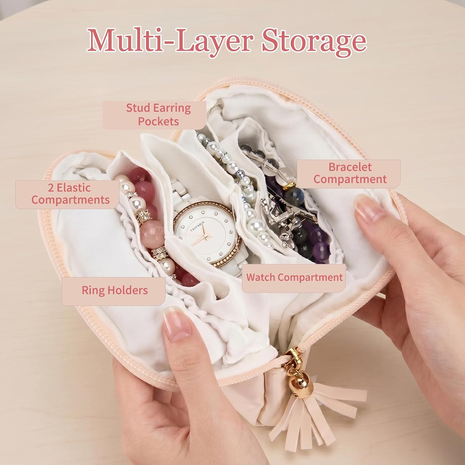 Airkit Travel Jewelry Organizer PU Leather Travel Jewelry Case Small Zipper Pouch for for Bracelet Rings Earring (Cream White)