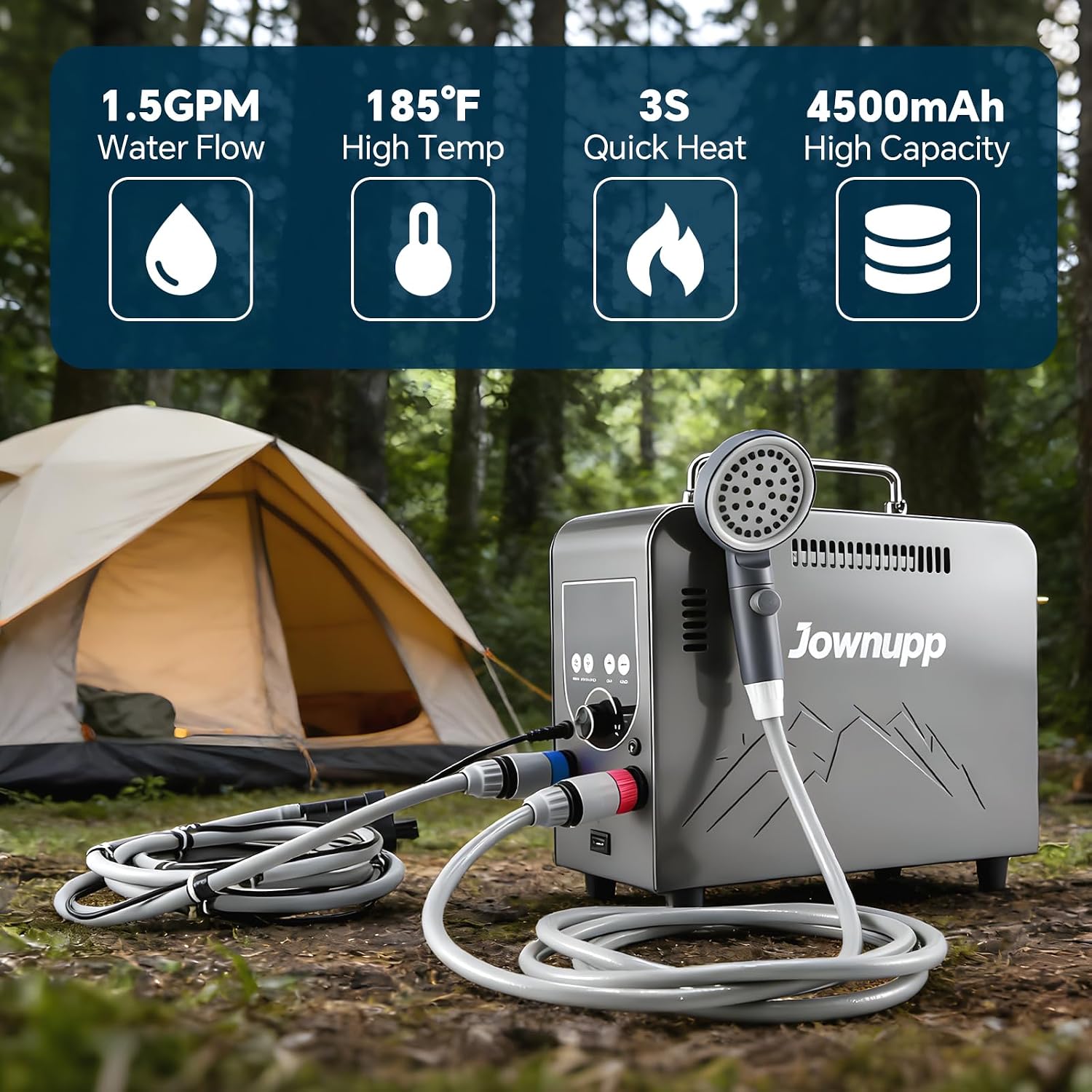Portable Tankless Water Heater with 4500mAh Battery, Ideal for RV Families & Campers, Propane Gas On-Demand Instant Hot Water Heater