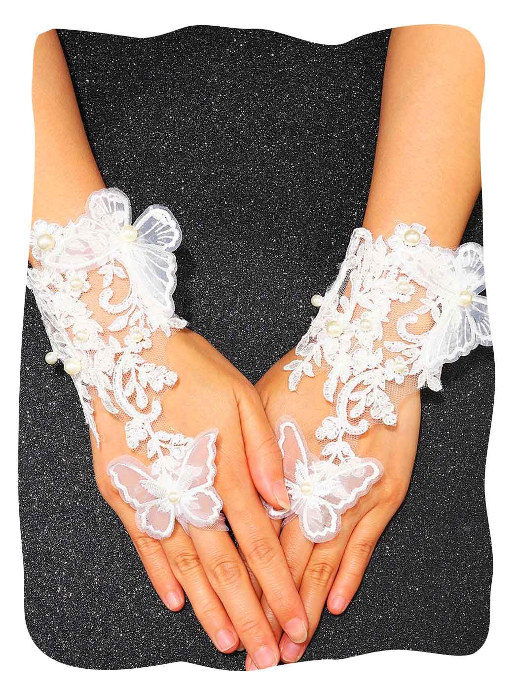 GEMILY Lace White Tea Party Gloves Fingerless Butterfly Short Gloves for Women