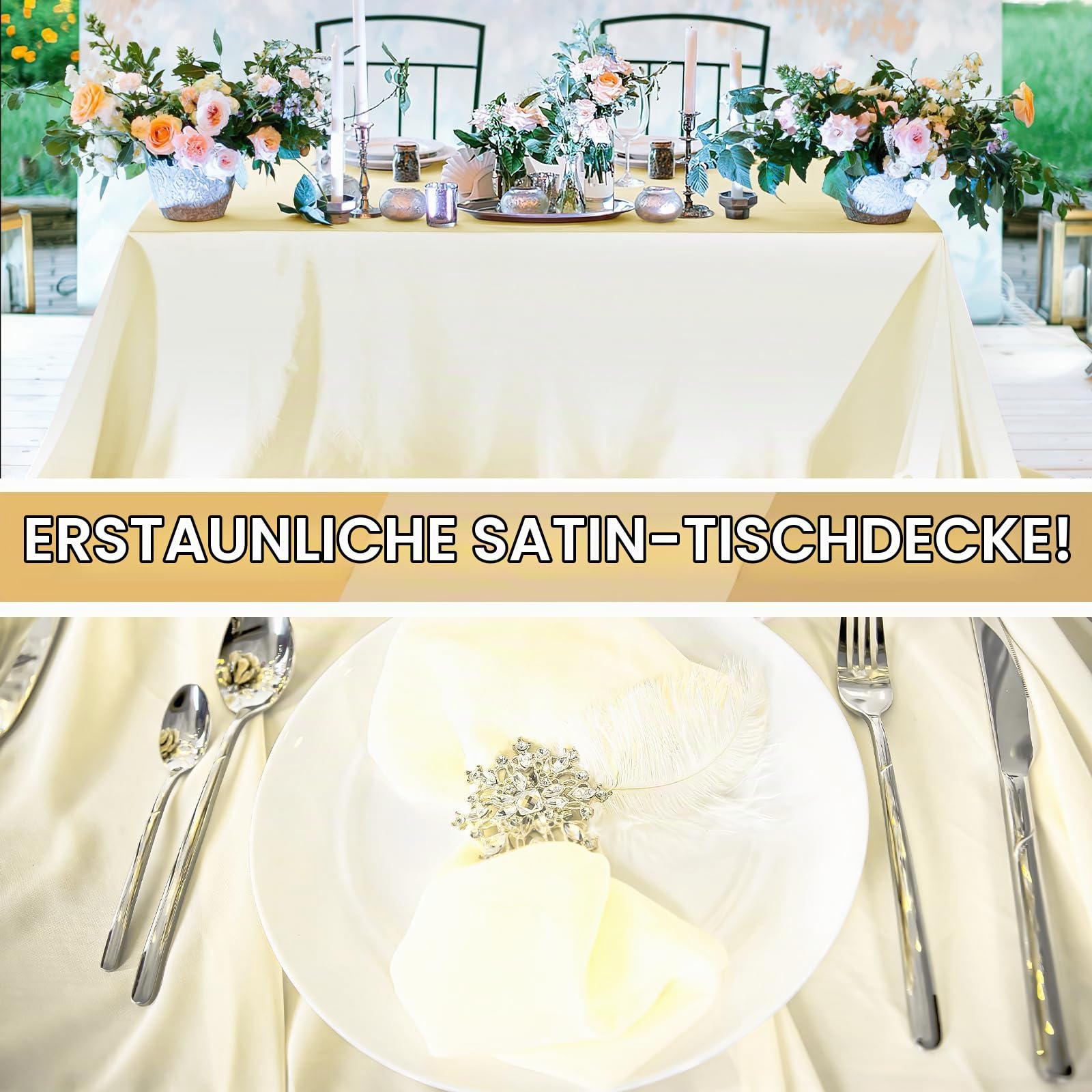 8 Stück Elfenbeinfarbene Satin-Tischdecken 259 × 147 cm – Rechteckige Glänzende Tischdecke für Hochzeit, Abendessen, Geburtstag, Jubiläum, Partys und Events