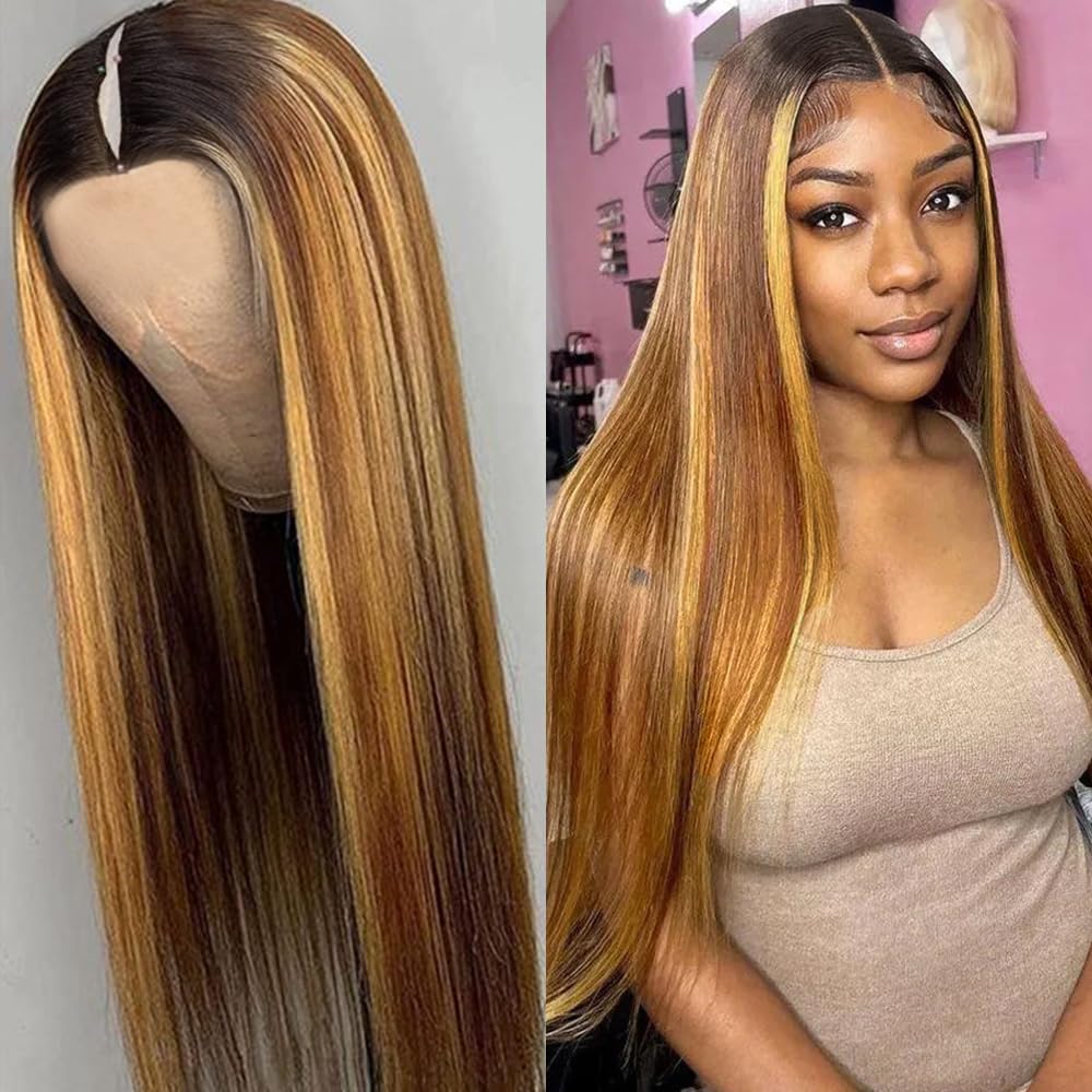 Highlight Ombre V część peruki ludzkie włosy proste balejaż blond U część peruki 180% gęstości bez kleju klips w połowie peruki dla czarnoskórych kobiet 61 cm #T1BP4/27