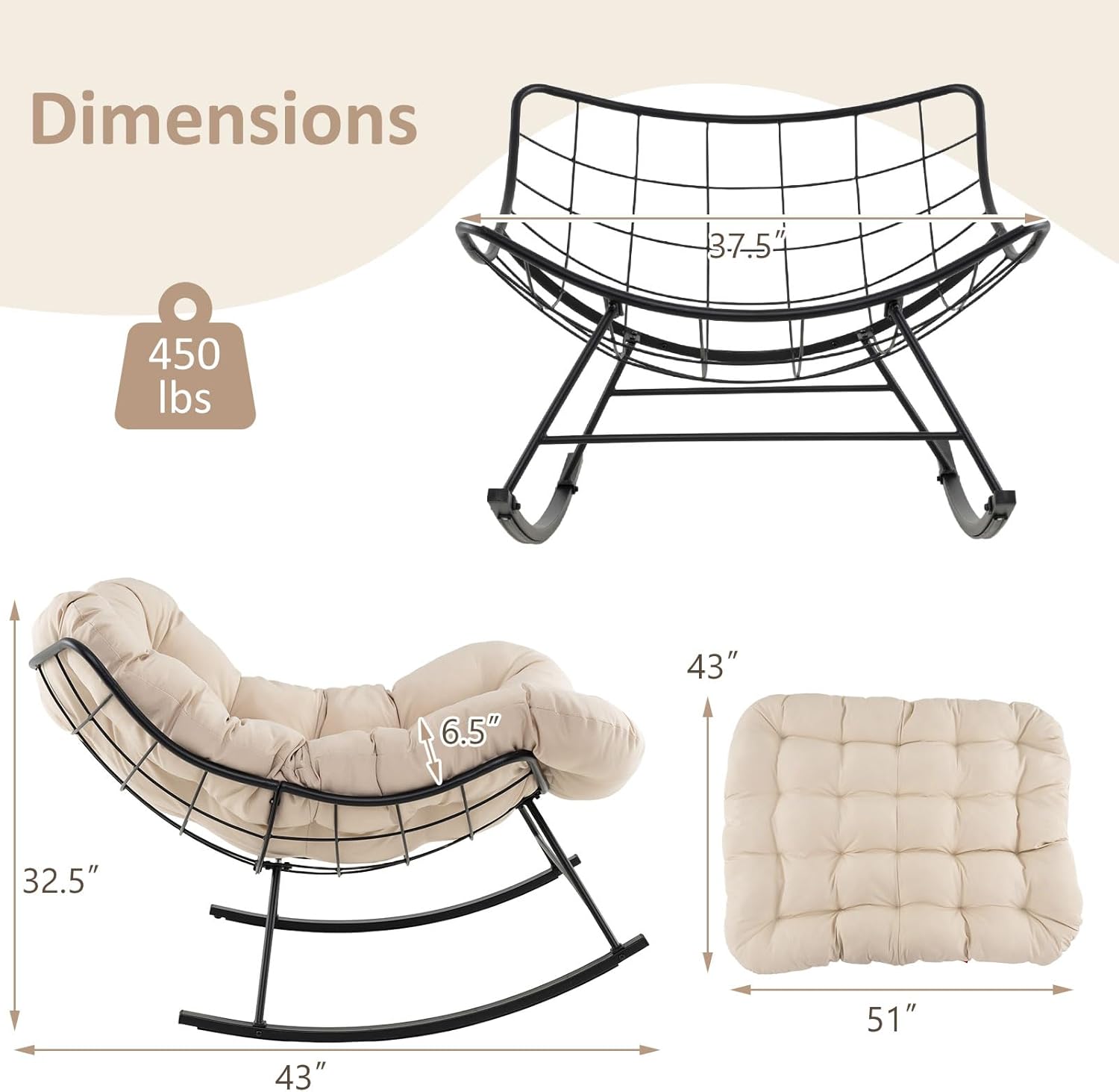 Giantex Outdoor Rocking Chair, Indoor Oversized Egg Papasan Chair with Padded Cushion, Patio Rocker Chair w/Metal Frame for Porch Garden Backyard, 450 lbs Capacity, Beige