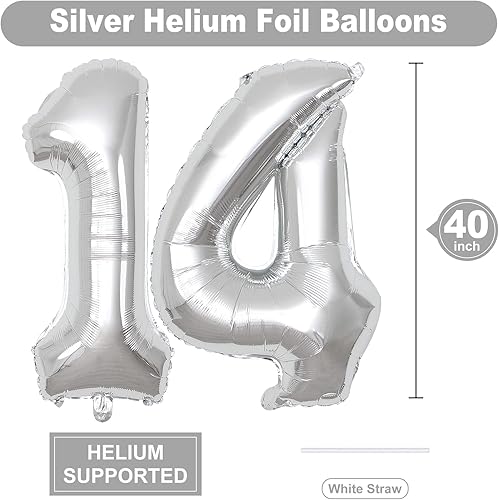 Miniatura 2 de Globos de 40 pulgadas con el número 14, globos plateados de helio número 14, globo de número grande para niños y niñas, suministros de decoración de