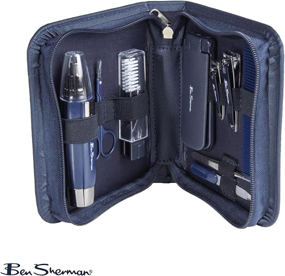 Ben Sherman Nail Clipper Set for Men, 10 Pcs Deluxe Grooming Kit for Men - Includes Nail Clippers, Nose Hair Trimmer, Tooth Brush, Scissors and More. Men's Grooming Kit