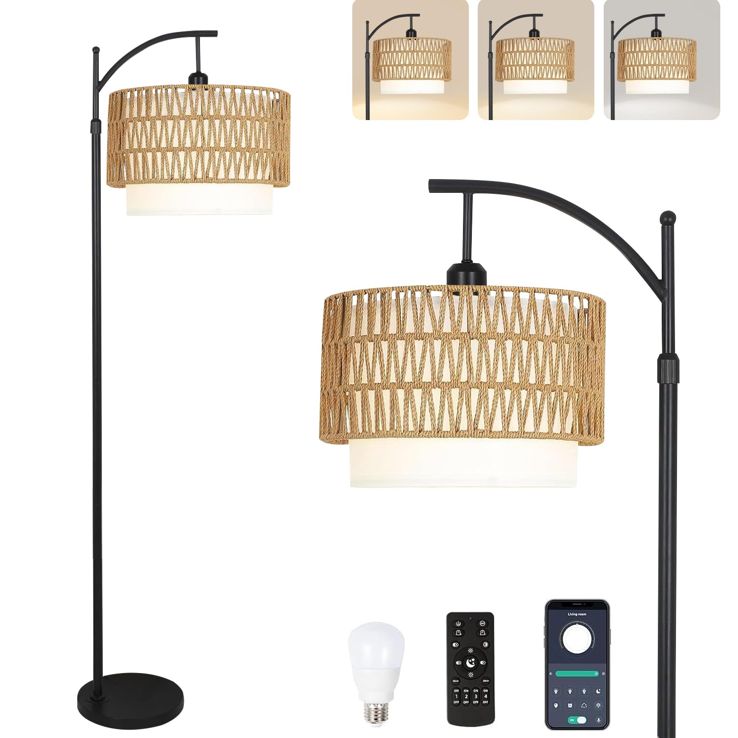 ZECOXOL Arc Floor Lamp for Living Room Boho Floor Lamps with Remote Control &amp; with 3 Color Temperatures,Rattan Wicker Standing Lamp Dimmable Tall Floor Lamp for Bedroom Living Room Corner