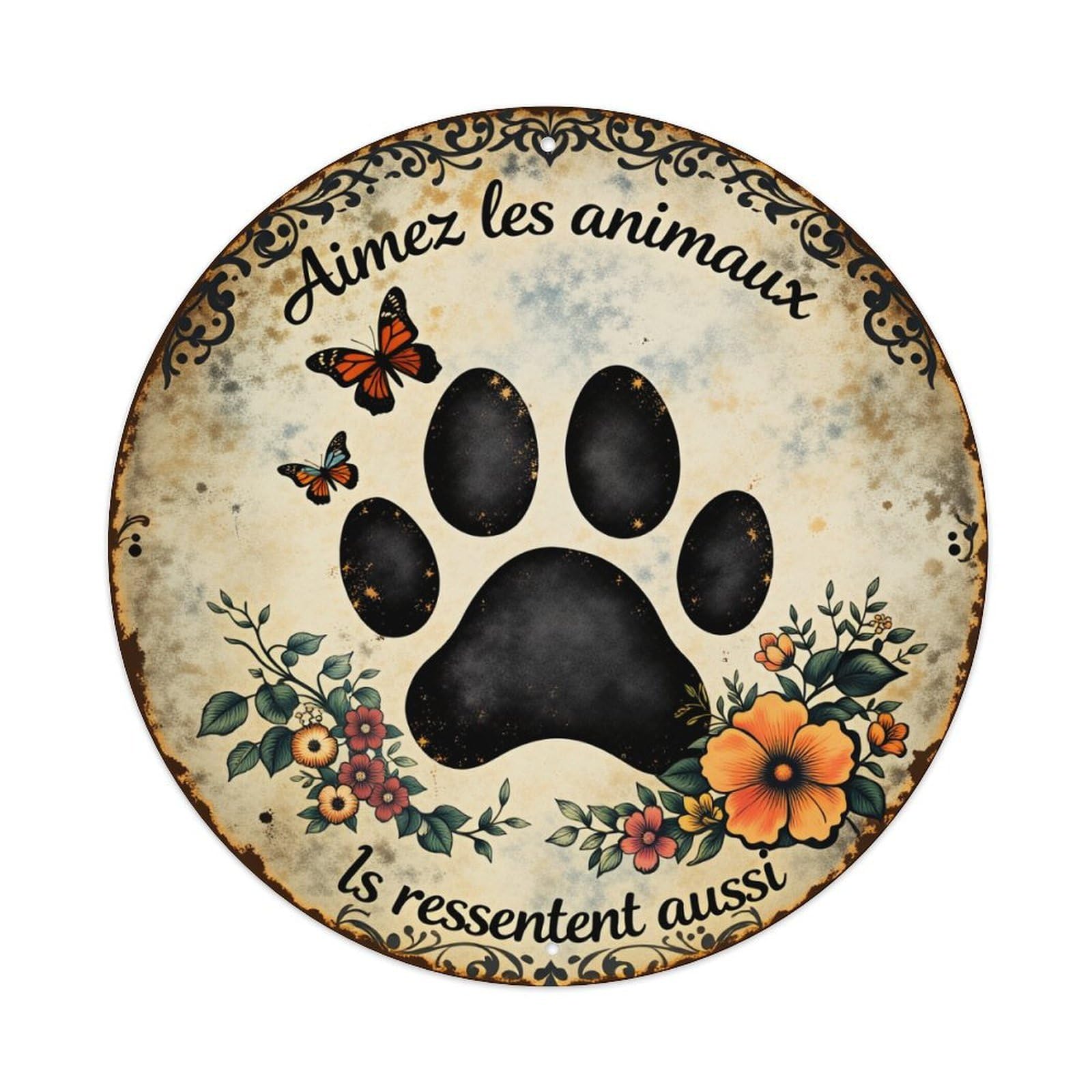 Wmlzdnwr Vintage Paw Print Butterflies Flowers Leaves Text Round Tin Sign,Retro Wall Art,Metal Poster For Home, Bar, Garage, Cafe, Rustic Indoor & Outdoor Decor, 8X8 Inches