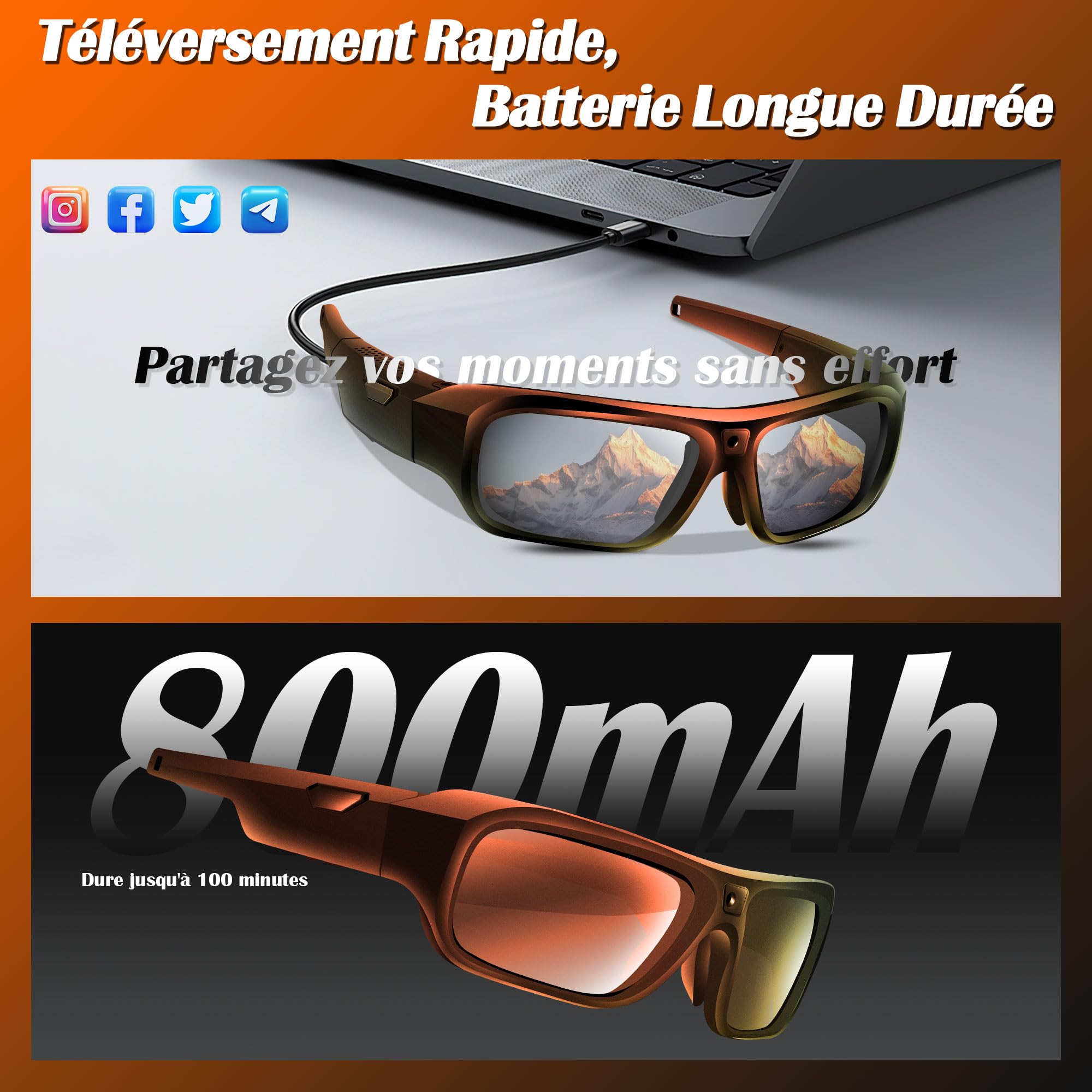 Lunettes avec Caméra 4K, Innovantes High-Tech Lunettes Camera de Sport pour l'extérieur, Lunettes de Soleil Vidéo avec Protection UV400, Support Photo/Vidéo, Opération à une Touche