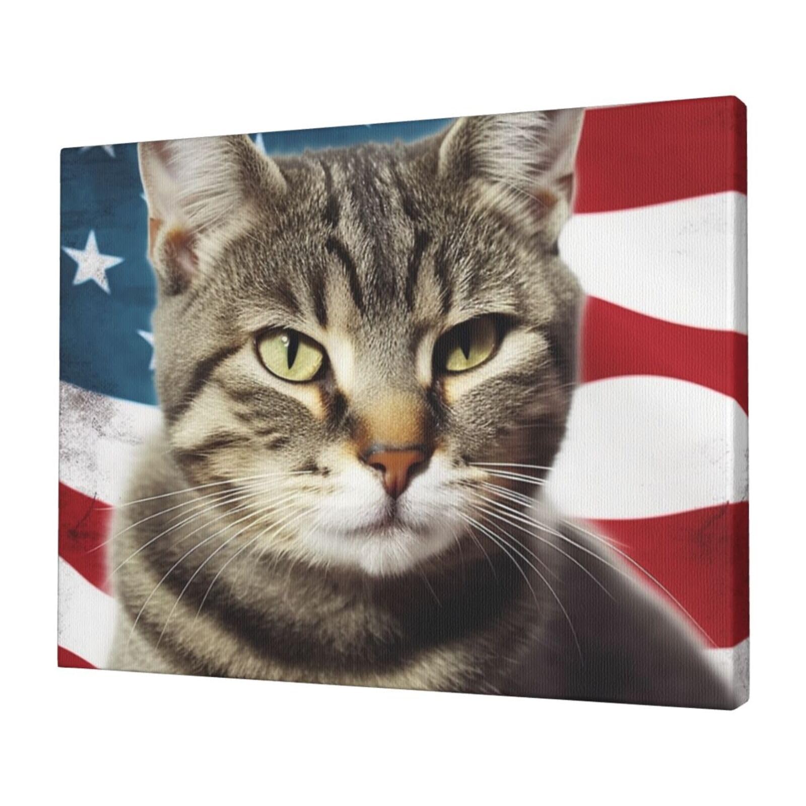 FodPand Canvas Wall Art for Living Room Wall Decor 12"x16" Modern Artwork Painting Pictures Hanging Canvas Prints American Cat Usa Flag Aesthetic Wall Art for Bedroom Bathroom Office Wallart Decor