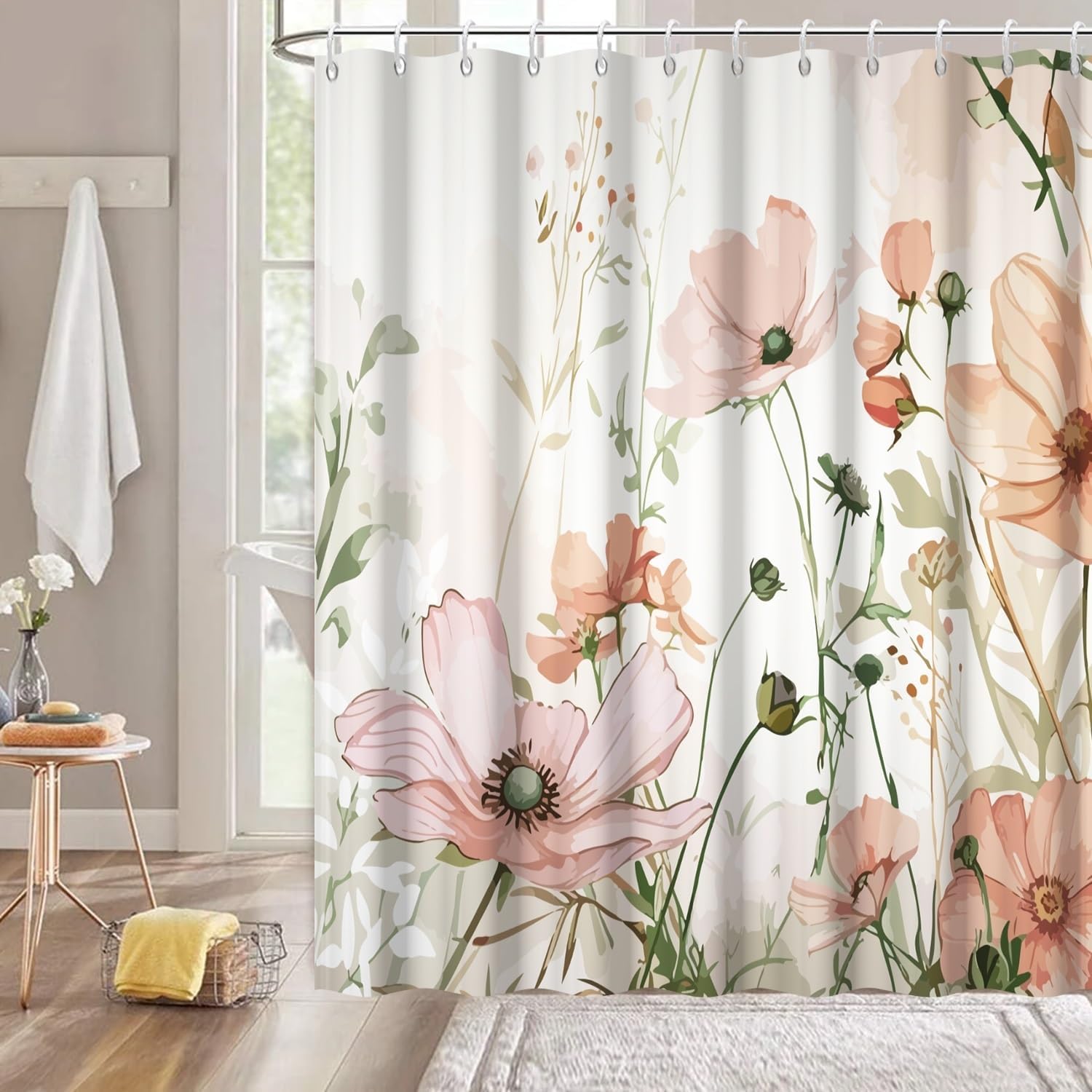Grey Floral Shower Curtain, Spring Watercolor Wildflower Shower Curtain Set Waterproof Modern Farmhouse Bathroom Decor with Hooks, 72x78 Inch