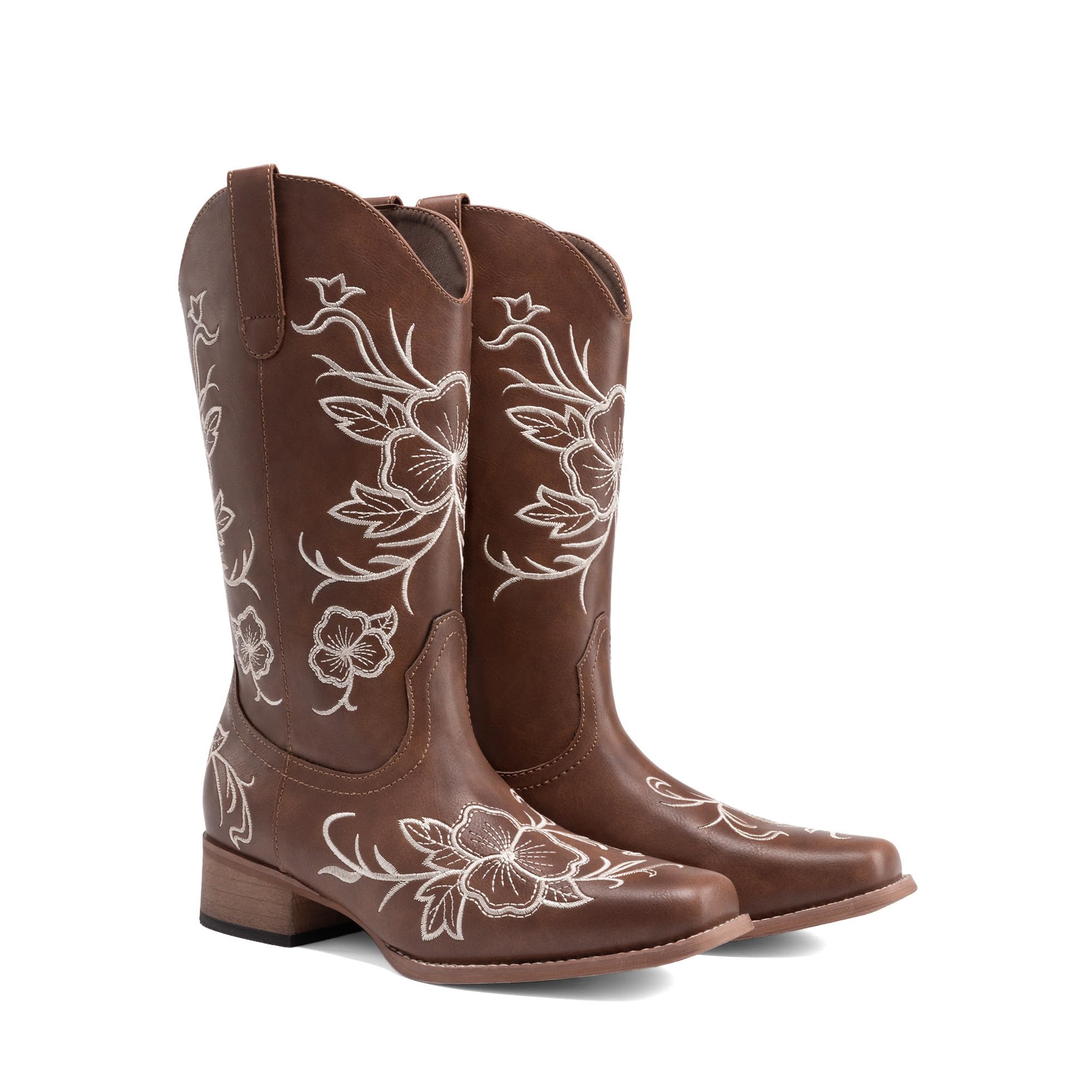 DREAM PAIRS Stivali da cowboy da donna con punta quadrata ricamata, tacco basso grosso, stile western, per festival di musica country, feste a tema e concerti, Marrone, 39.5 EU