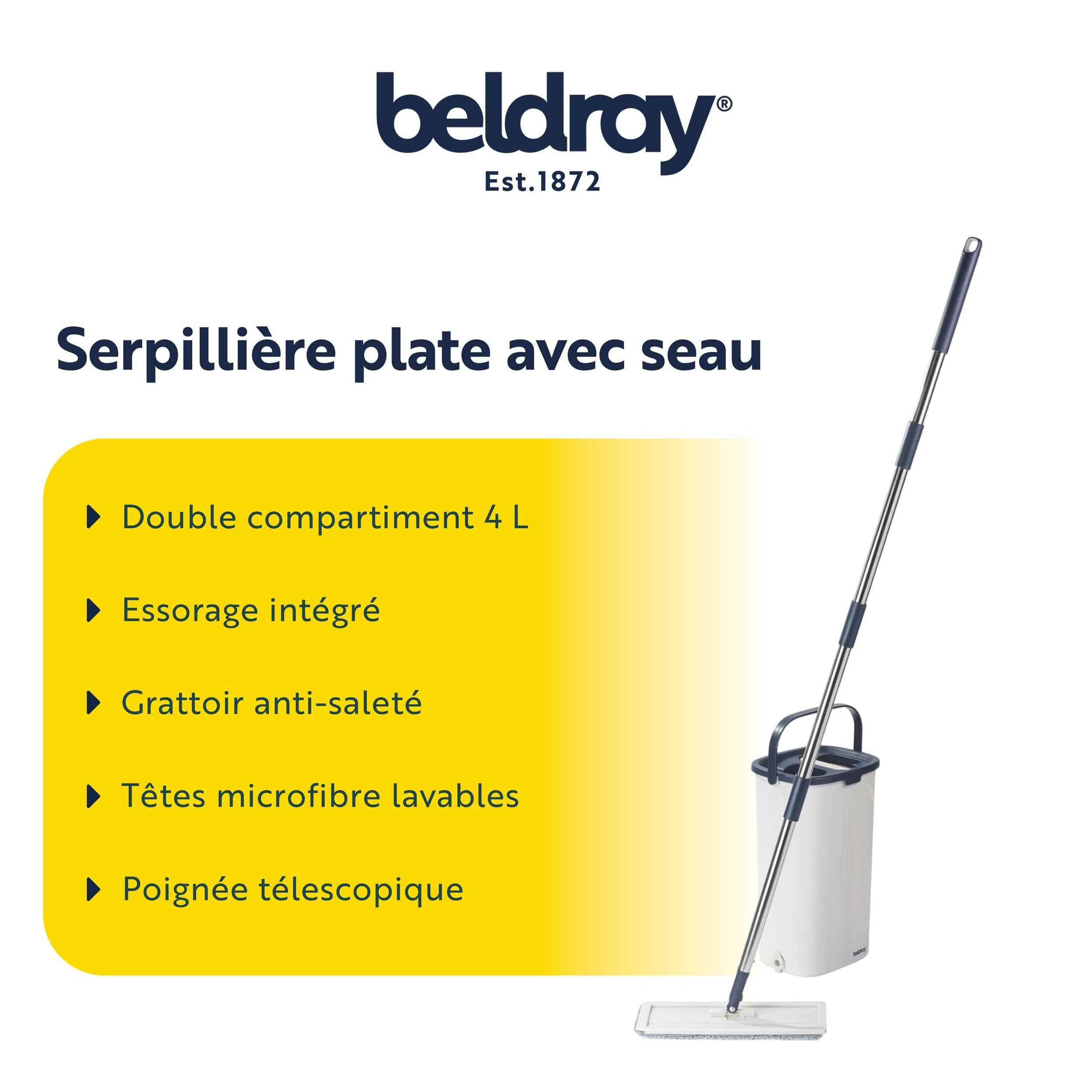 Beldray Ensemble serpillère Plate et Seau de 4 L avec 2 Compartiments pour tremper/essorer et enlever la saleté, 2 têtes en Microfibre lavables en Machine, Sol Dur, Compact, léger