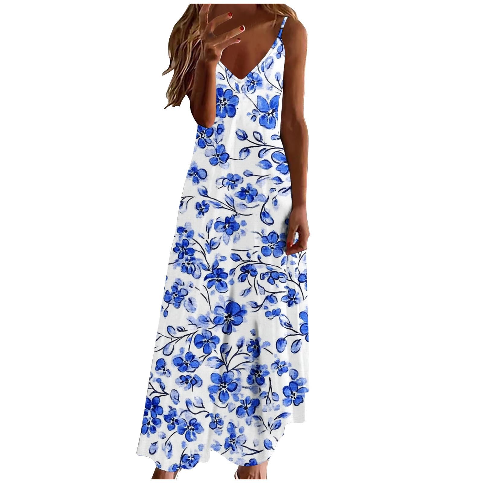 Summer Dresses for Women 2025 Vacation Casual V Neck Maxi Dress Trendy A-Line Flowy Beach Spaghetti Strap Sundress
