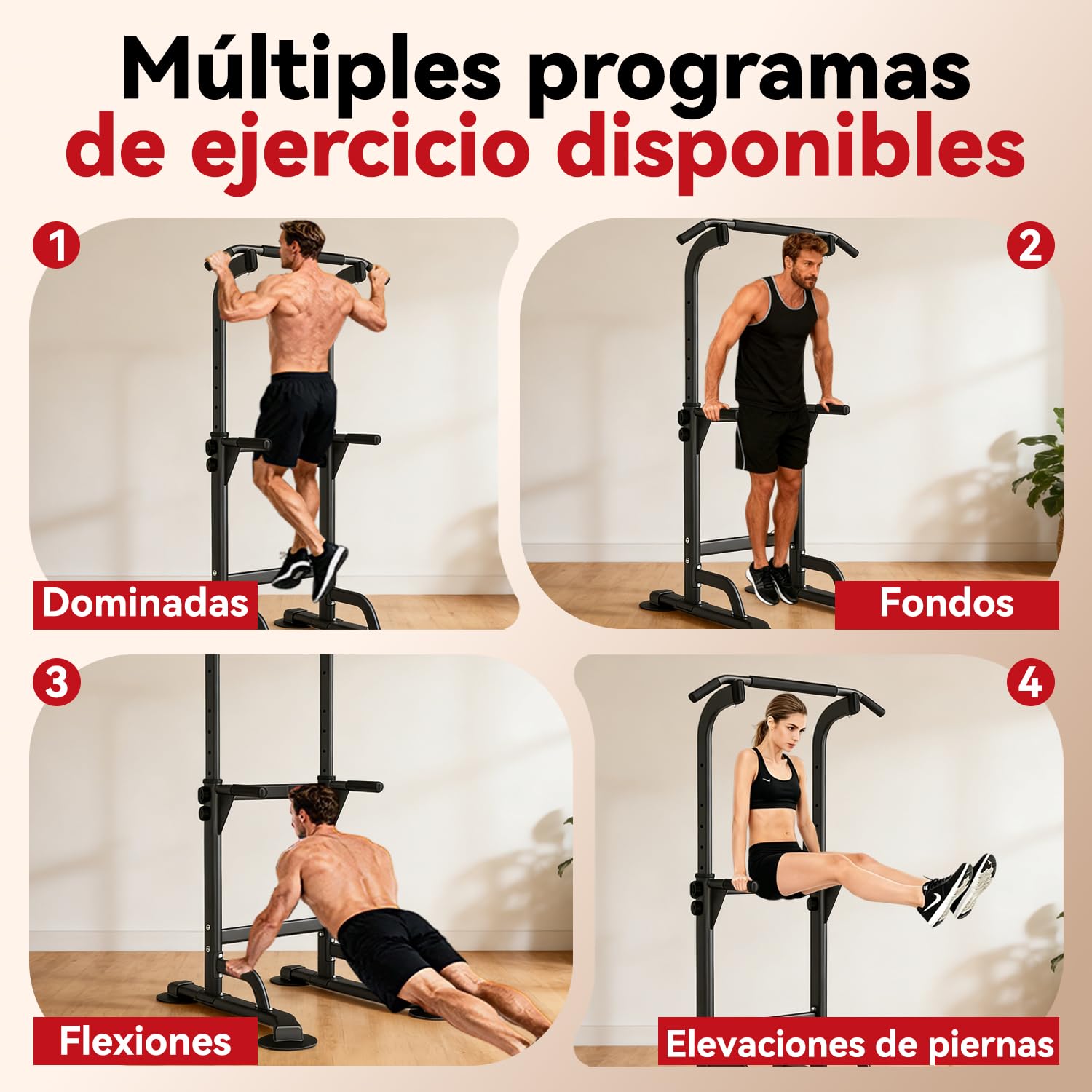 WATBKHE Power Tower, Barra de Dominadas con Estación de Fondos | Estación 4 en 1 para dominadas, fondos, flexiones y elevaciones de rodillas, ajustable en 12 alturas, con base en H, 120kg
