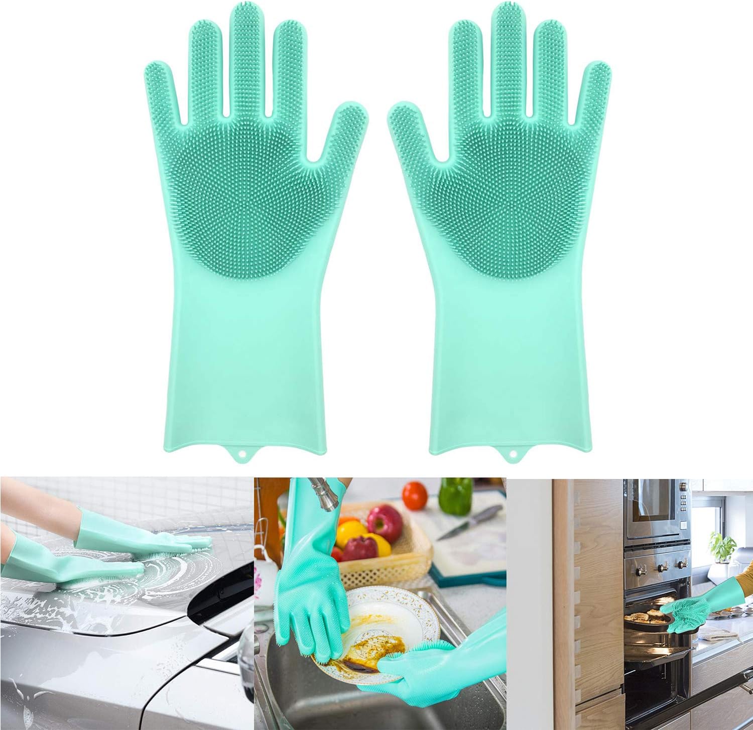 Magic Silicone Dishwashing Gloves with Scrubber (green)