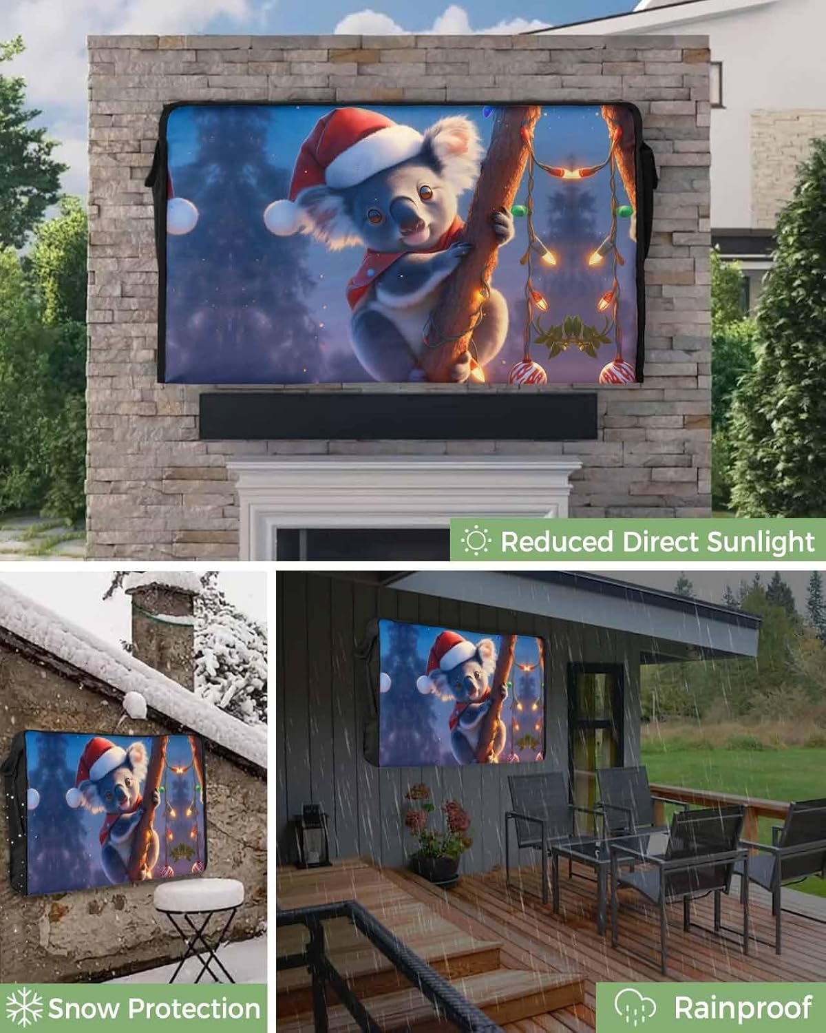 Christmas Koala Outdoor TV Cover 80"-85" - 600D Waterproof TV Cover Weatherproof TV Screen Protector Dustproof Winter Xmas Tree Branch Blue TV Display Protector for Outside Flat Screen TV