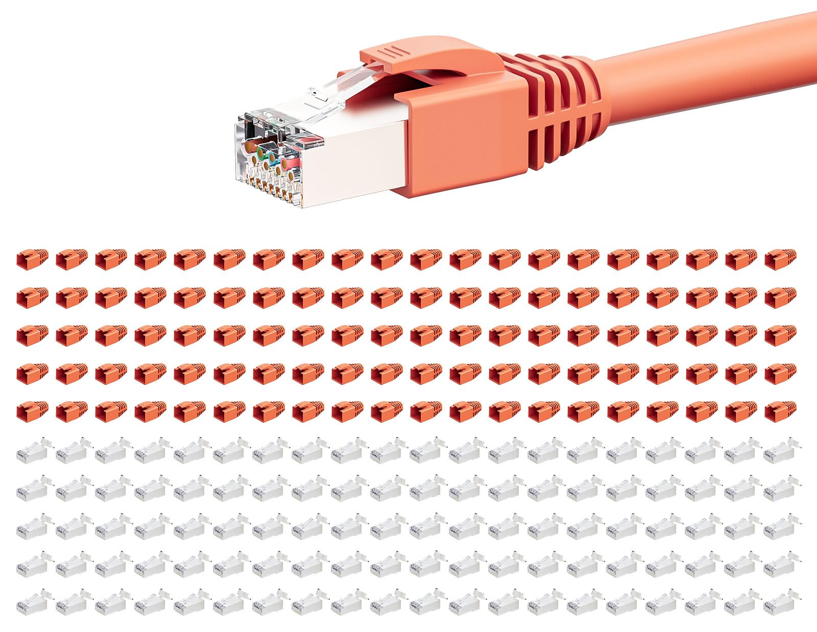 iwillink 100 connettori RJ45 CAT 7, placcati in oro a 50μ - schermati - Pass Through a 10 Gbps, connettori di rete Cat7 Cat6a con ausilio per l'inserimento del cavo e protezione anti-piegatura