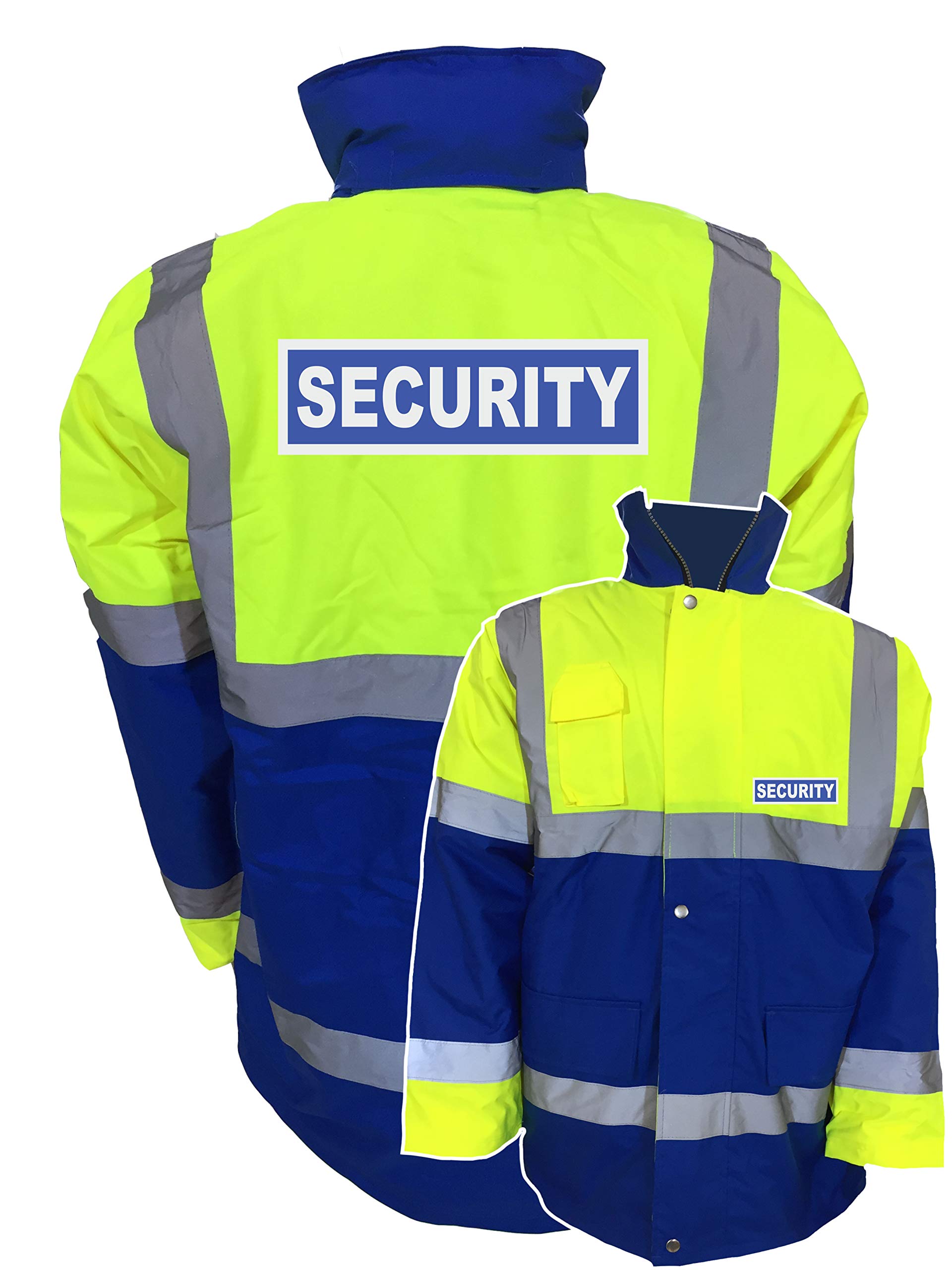 Security Badge Blue & Yellow Hi Vis Parka Jacket Reflective, Waterproof, Work Wear Coat Security Officer, High Visibility, By Brook Hi Vis, XLarge