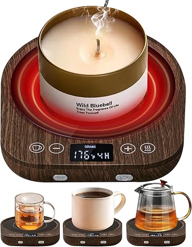 PUSEE Plato calentador de velas grande con 2 ajustes de temperatura, calentador de taza de café con apagado automático, calentador de cera de