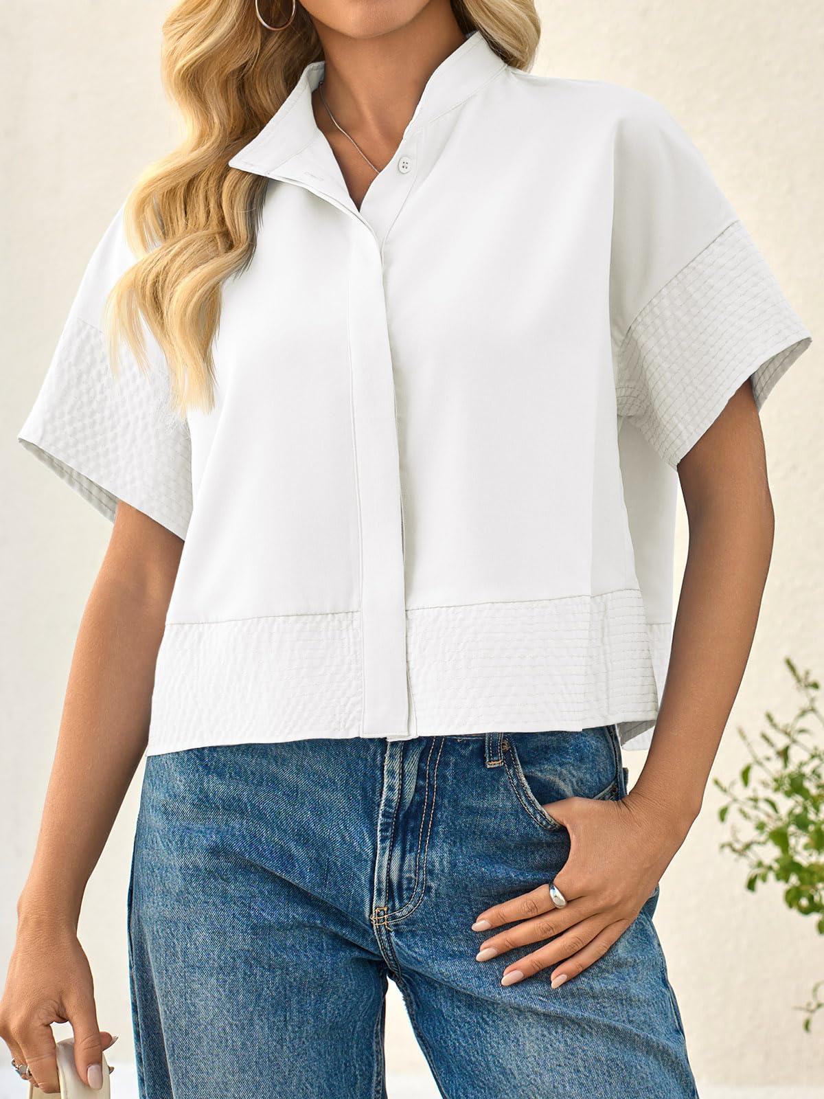 Cicy Bell Chemisier plissé à Manches Courtes pour Femme, élégant, décontracté, col Haut, Coupe Ample