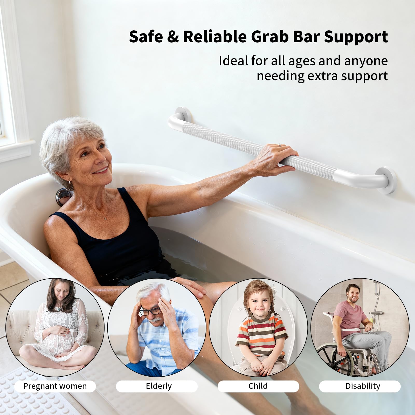Barra de agarre blanca para ducha de 91,4 cm - 3,18 cm de diámetro, barra de agarre de baño iHansee con agarre estriado antideslizante, barras de seguridad de baño de acero inoxidable para personas
