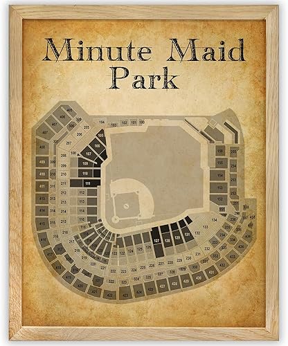 Houston Baseball Stadium Seating Chart - 11x14 Framed Print Poster - Vintage Blueprint Old Parchment-Like Look, Retro Sports Memorabilia Decor for