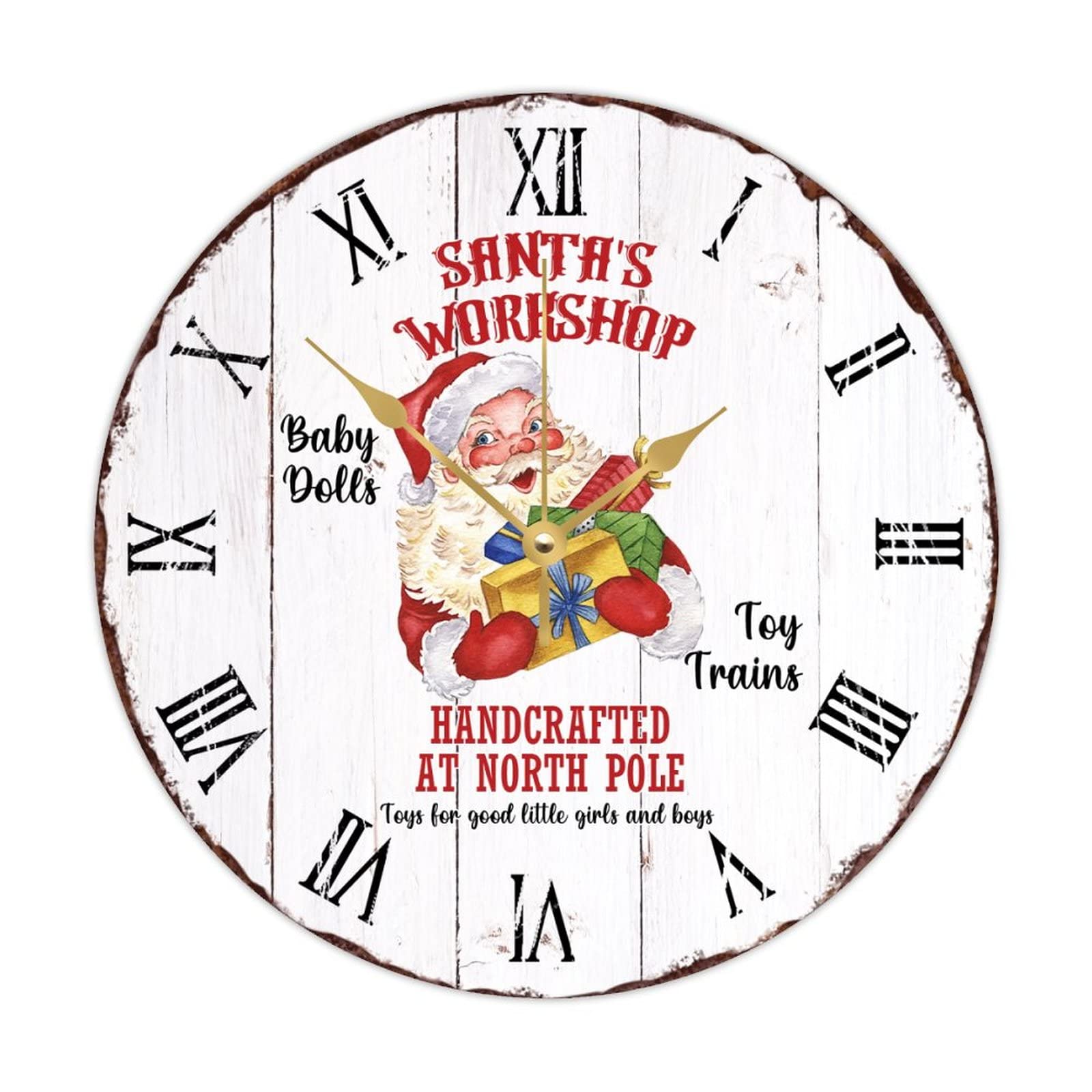 Horloge murale ronde en bois de l'atelier du Père Noël pour un Noël magique