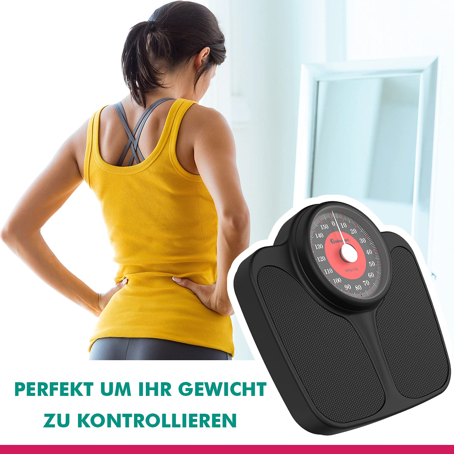 Adamson A23 Waage Für Körpergewicht – Bis Zu 160 KG – ÜBergroße XL-Waage 36X35cm – Rutschfeste Gummioberfläche, Extra Große Zahlen – Hochpräzise Analoge Personenwaage –Langlebig Mit 20 Jahren Garantie