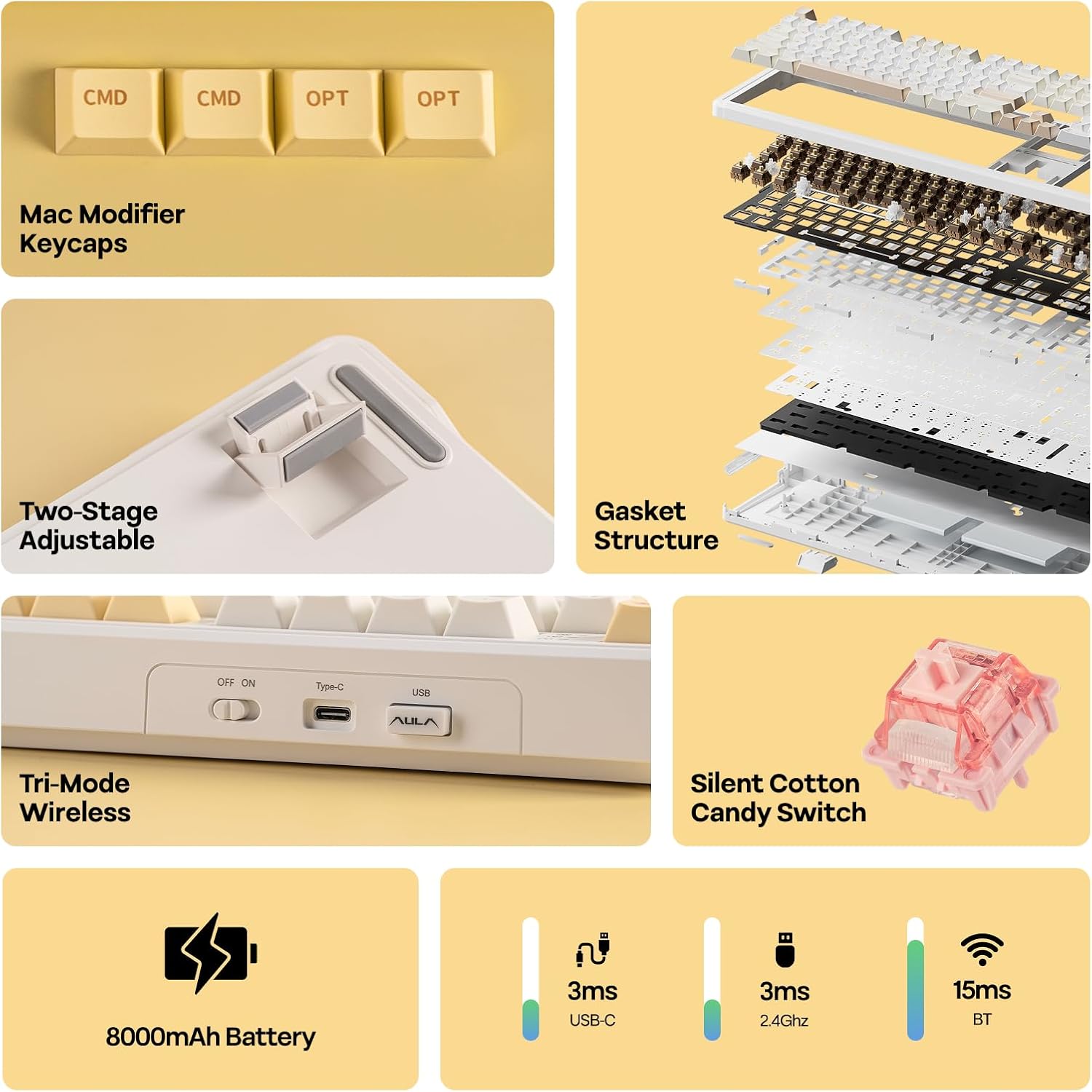 EPOMAKER X Aula F108 PRO Wireless Gaming Keyboard with Screen, 8000mAh Battery, 104 Hot-Swappable and Programmable Keys and Knob, RGB Backlight, for Mac/PC/Android (Grey&Yellow) - Image 3