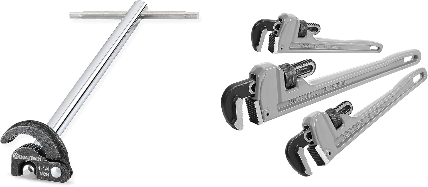 DURATECH 11-Inch Basin Wrench & 3-Piece Heavy Duty Aluminum Straight Pipe Wrench Set, 10", 14", 18"