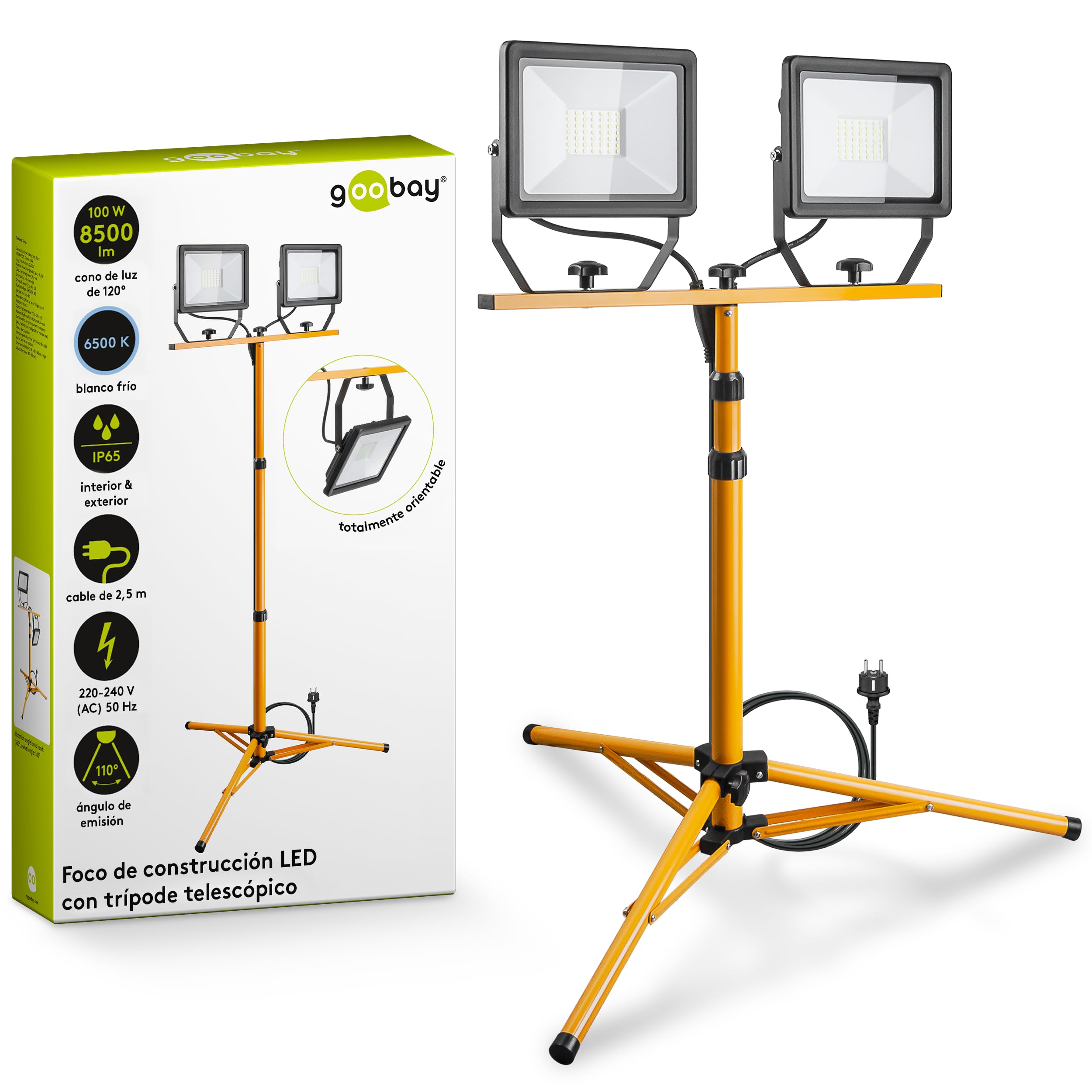 goobay Foco LED para Obras 49984-Foco construcción telescópico (Doble Cabezal, para Uso en Interiores y Exteriores, trípode de Metal, luz Blanca fría), Negro, Amarillo, 2x 50 Vatios